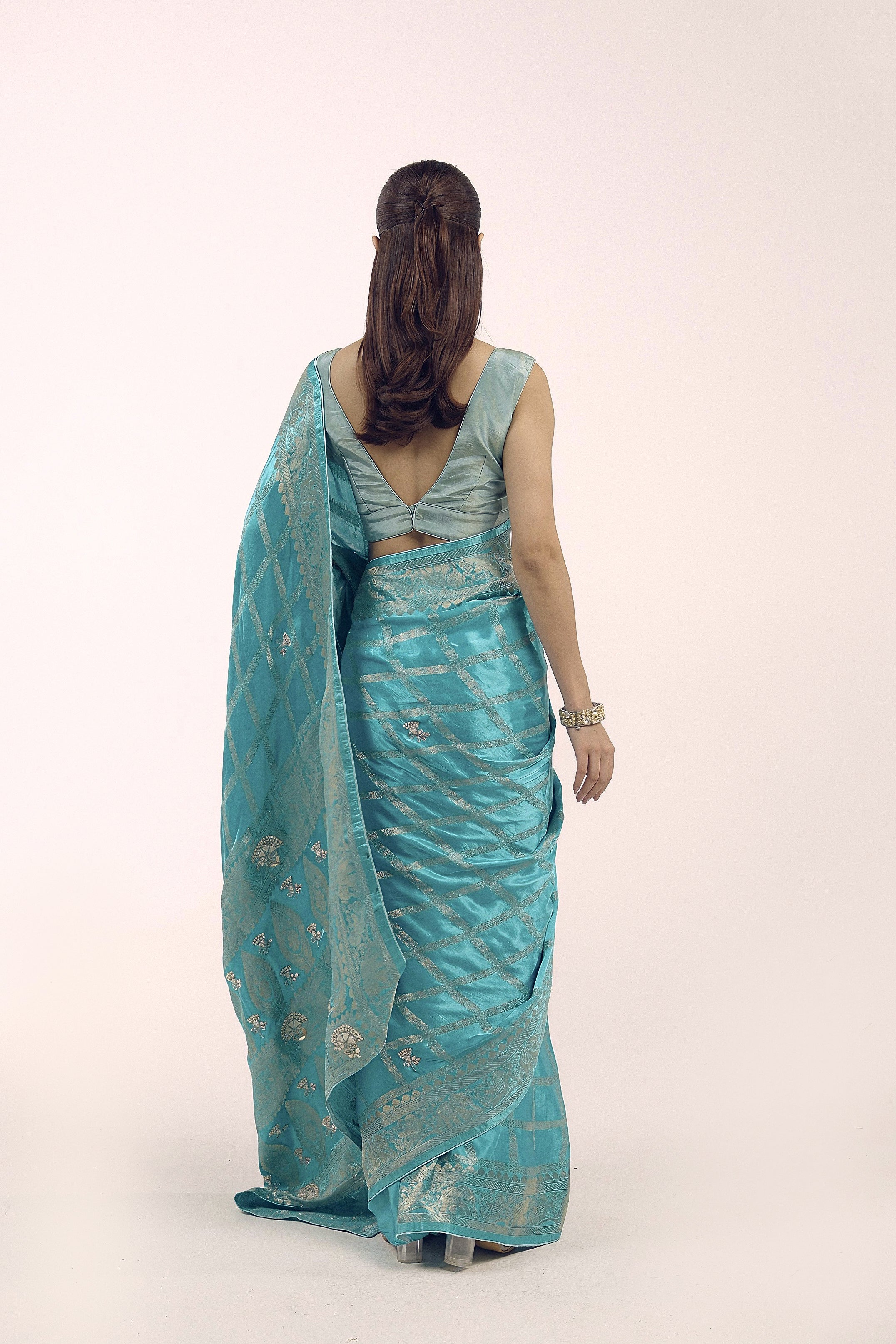 Aqua Blue Embellished Premium Banarasi Silk Saree