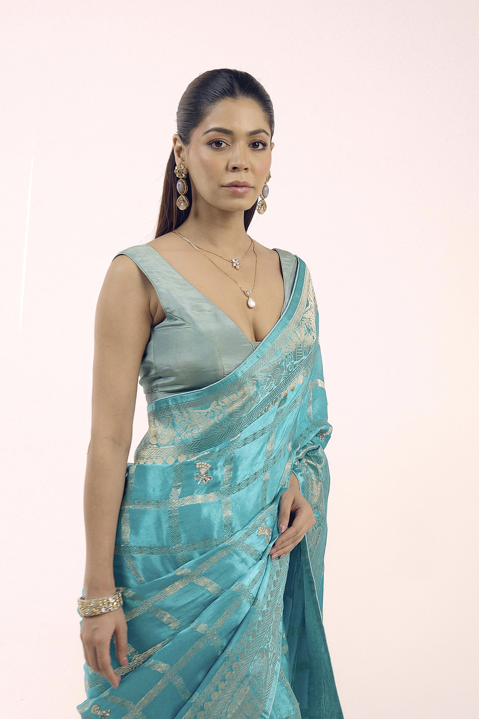 Aqua Blue Embellished Premium Banarasi Silk Saree