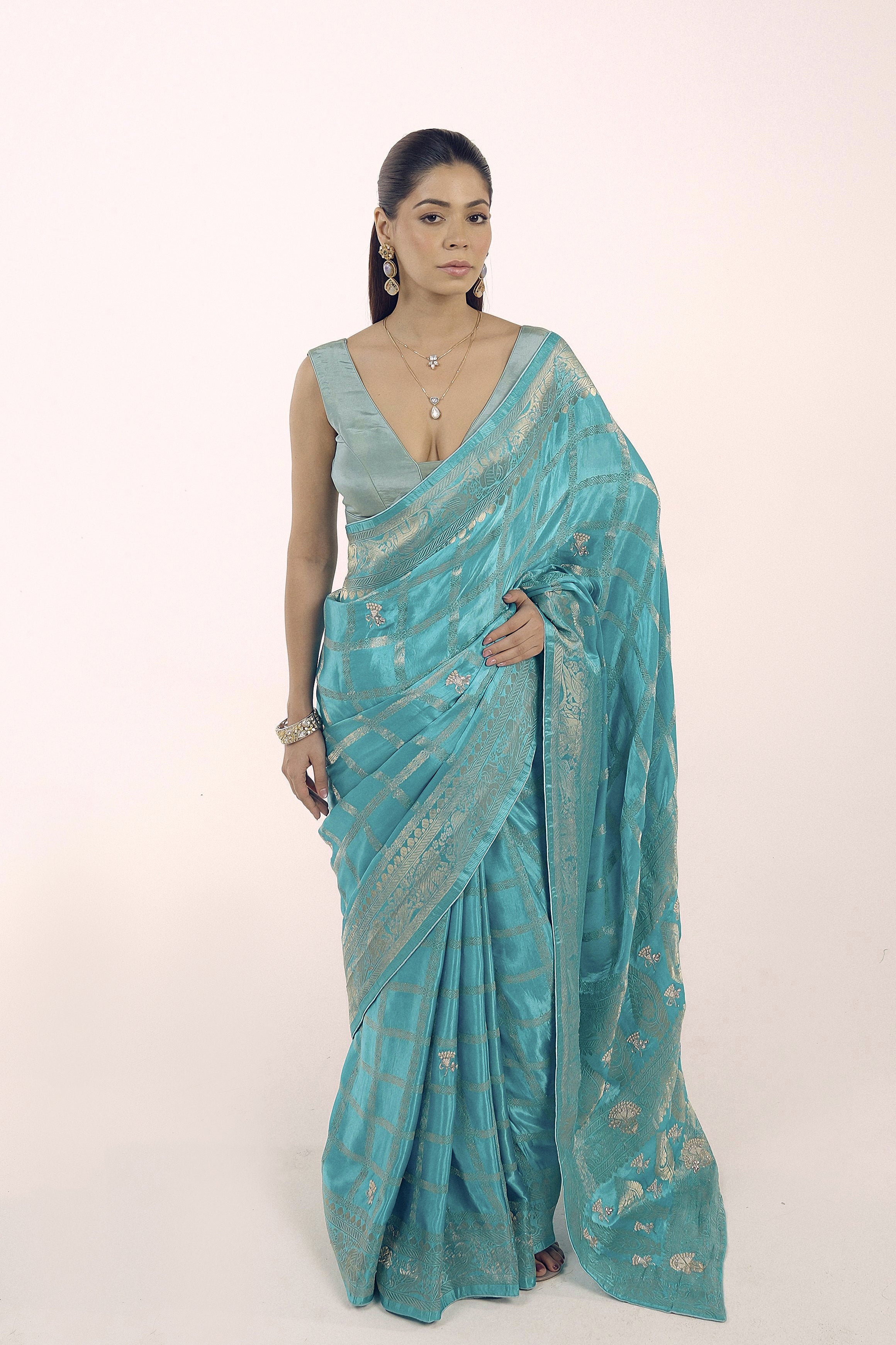 Aqua Blue Embellished Premium Banarasi Silk Saree