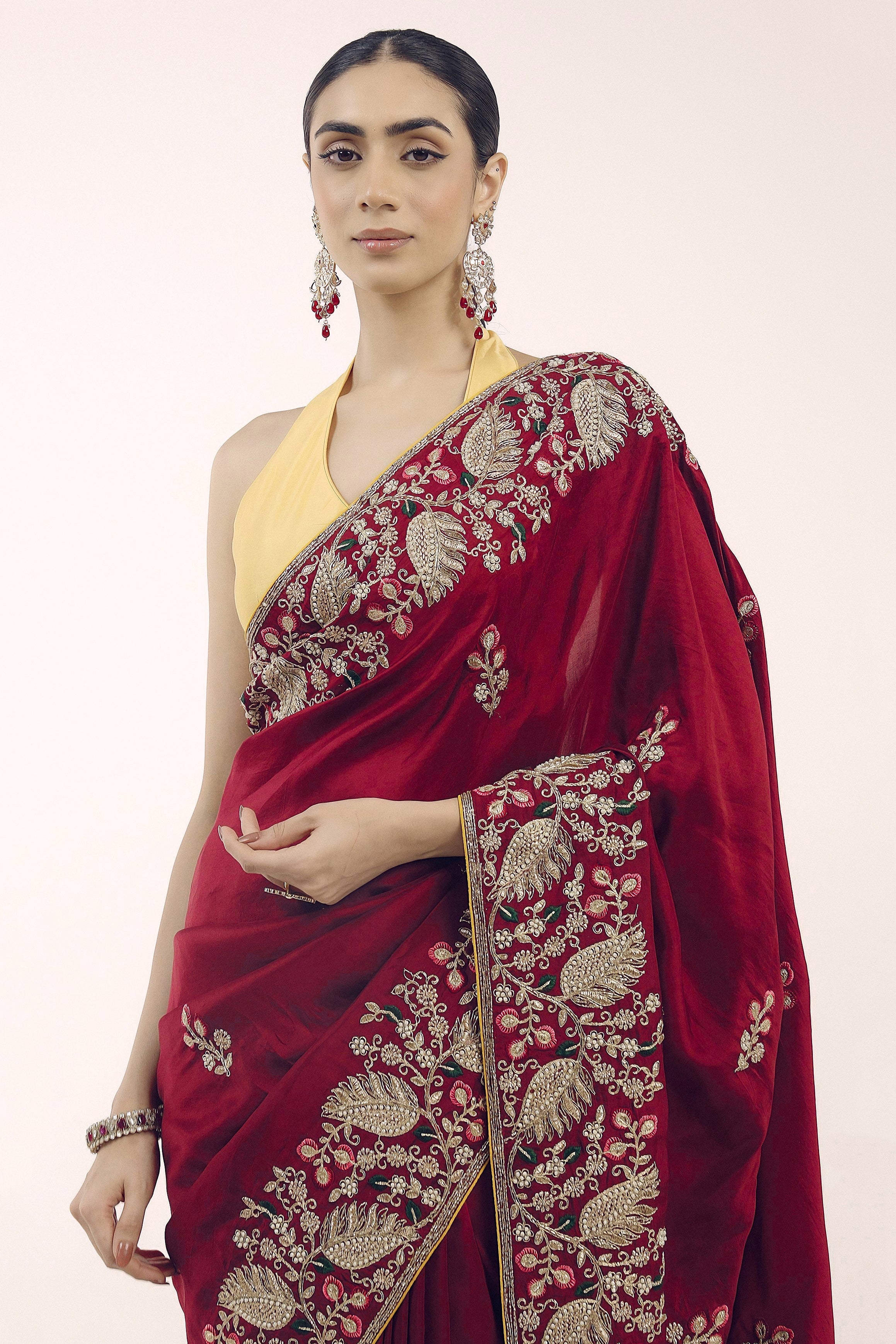 Mystique Maroon Embellished Premium Silk Saree