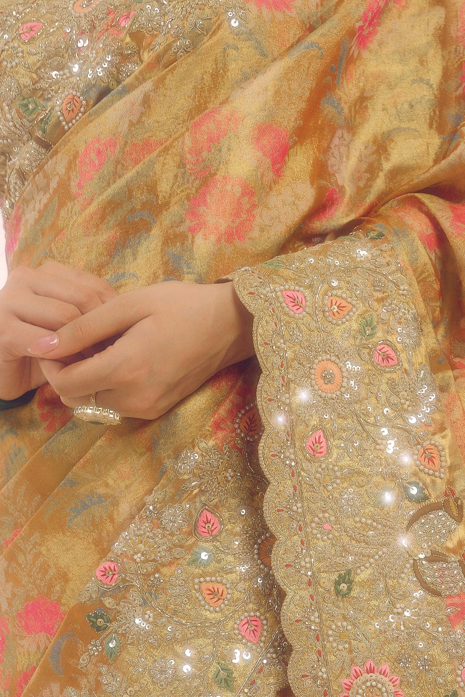 Antique Gold Embellished Banarasi Tissue Silk Saree