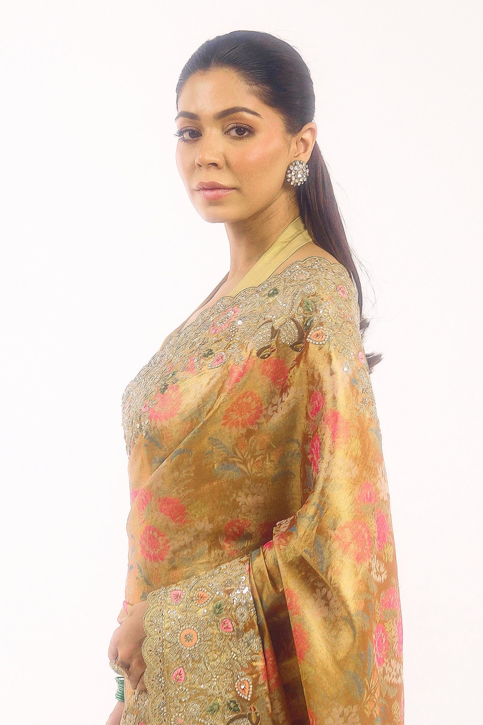 Antique Gold Embellished Banarasi Tissue Silk Saree