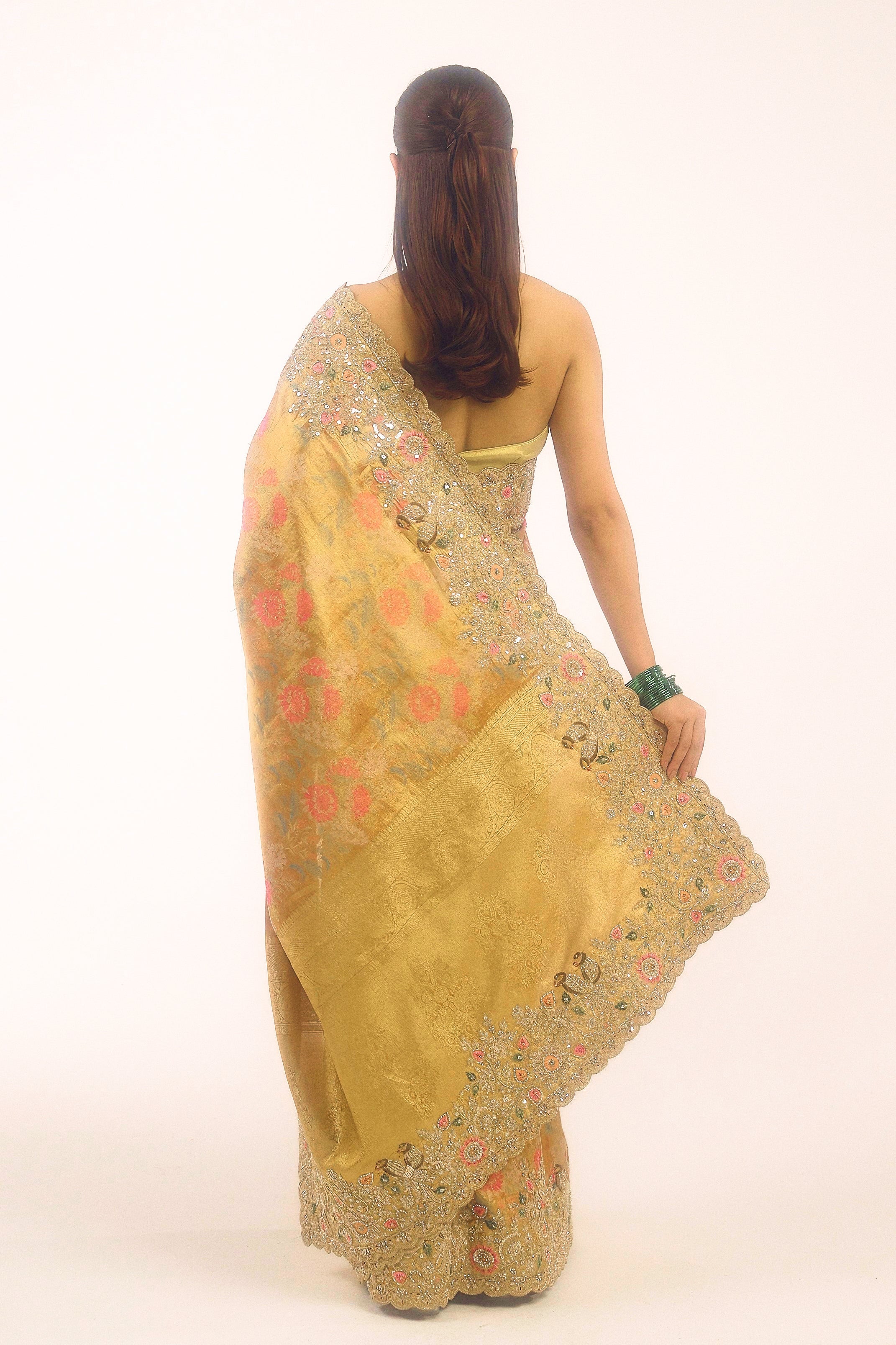 Antique Gold Embellished Banarasi Tissue Silk Saree