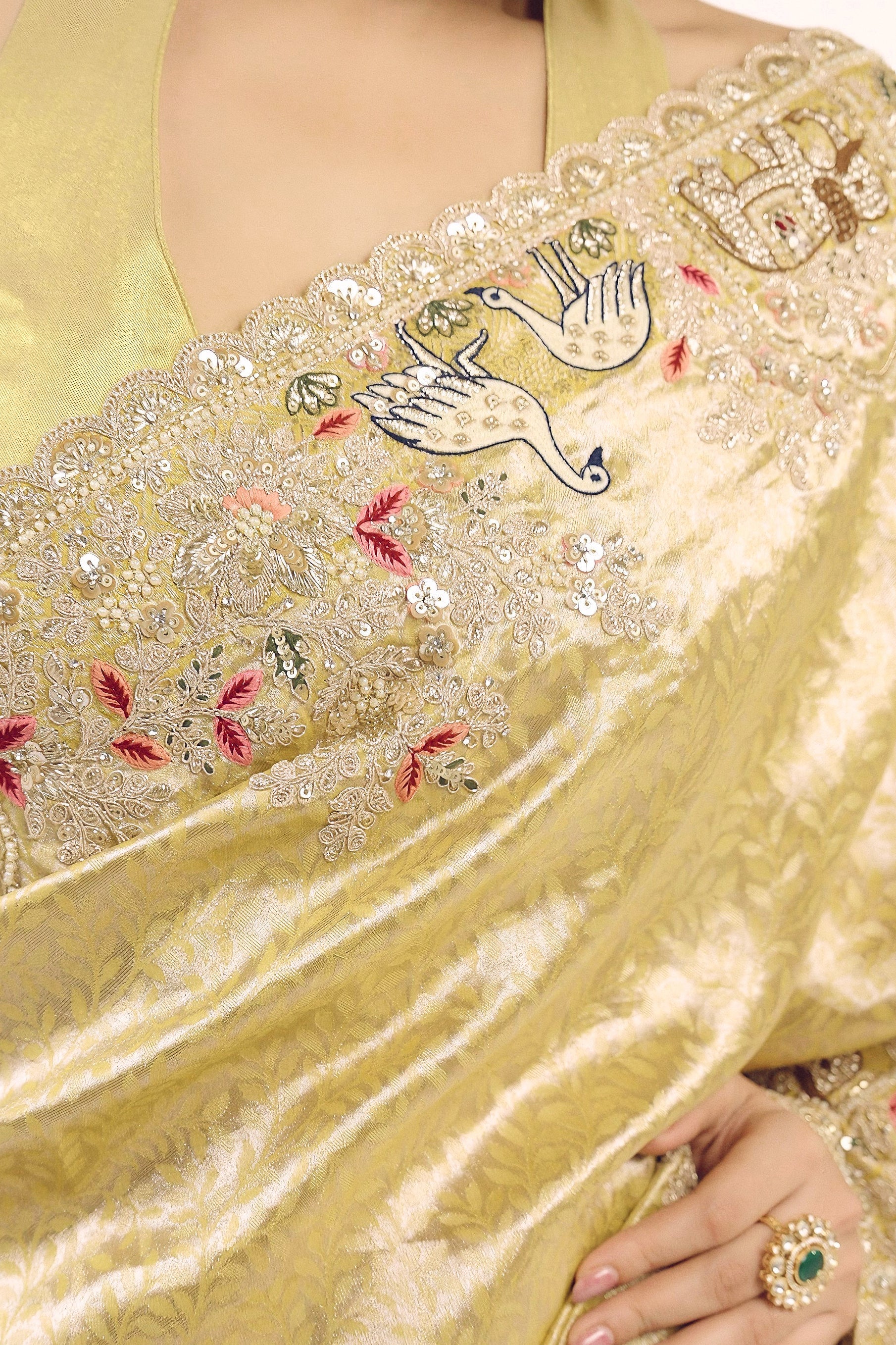 Champagne Gold Embellished Shimmer Tissue Silk Saree