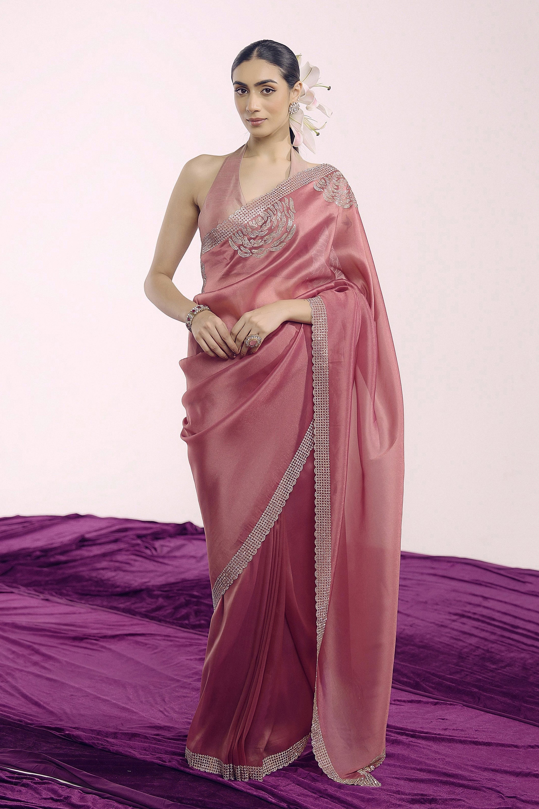 Dusty Rose Embellished Shimmer Tissue Silk Saree