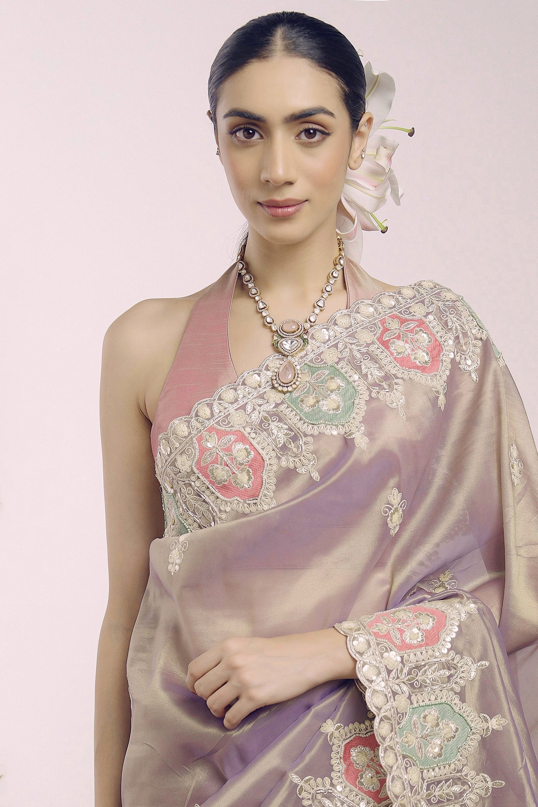 Moonlit Mauve Embellished Shimmer Tissue Silk Saree