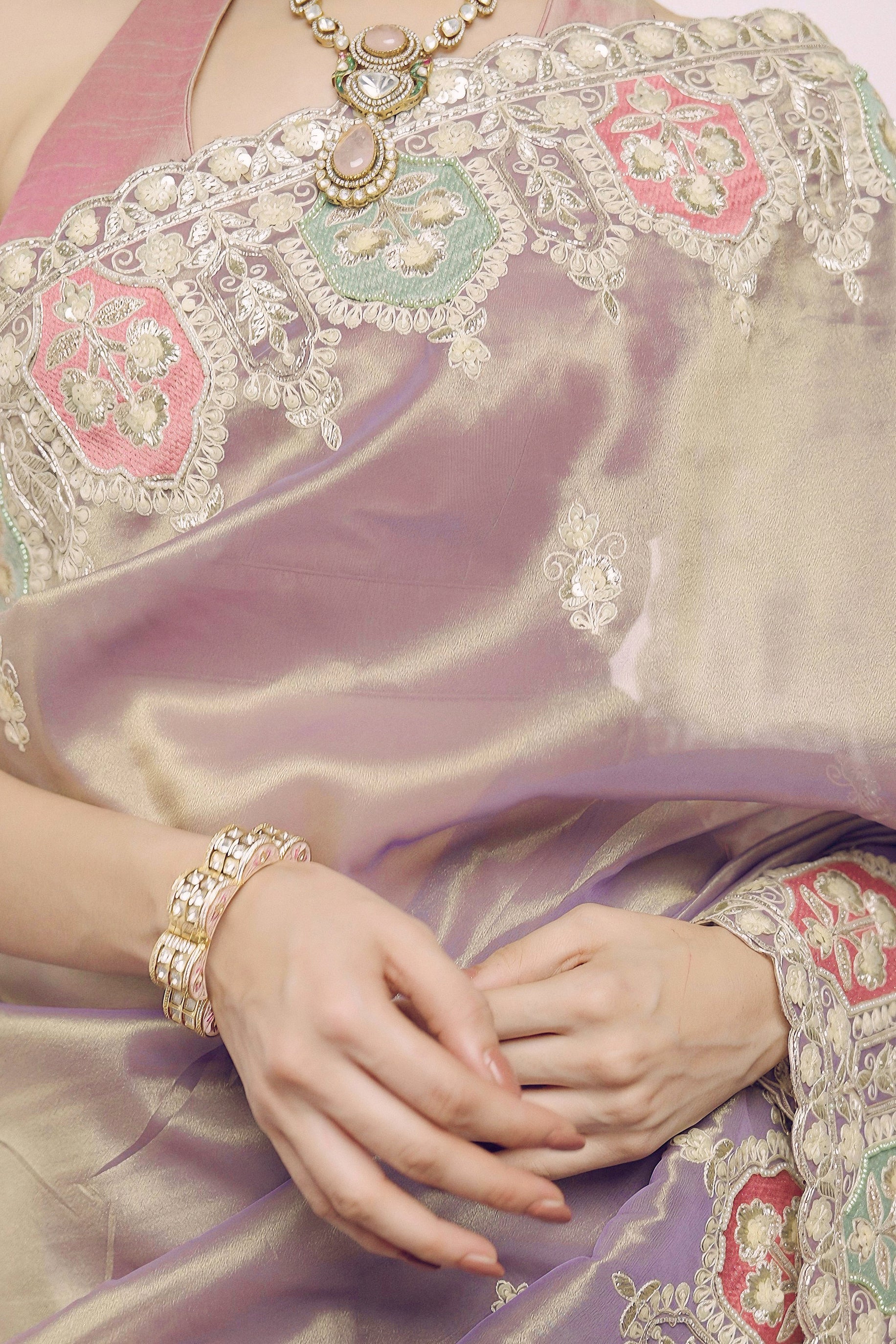 Moonlit Mauve Embellished Shimmer Tissue Silk Saree