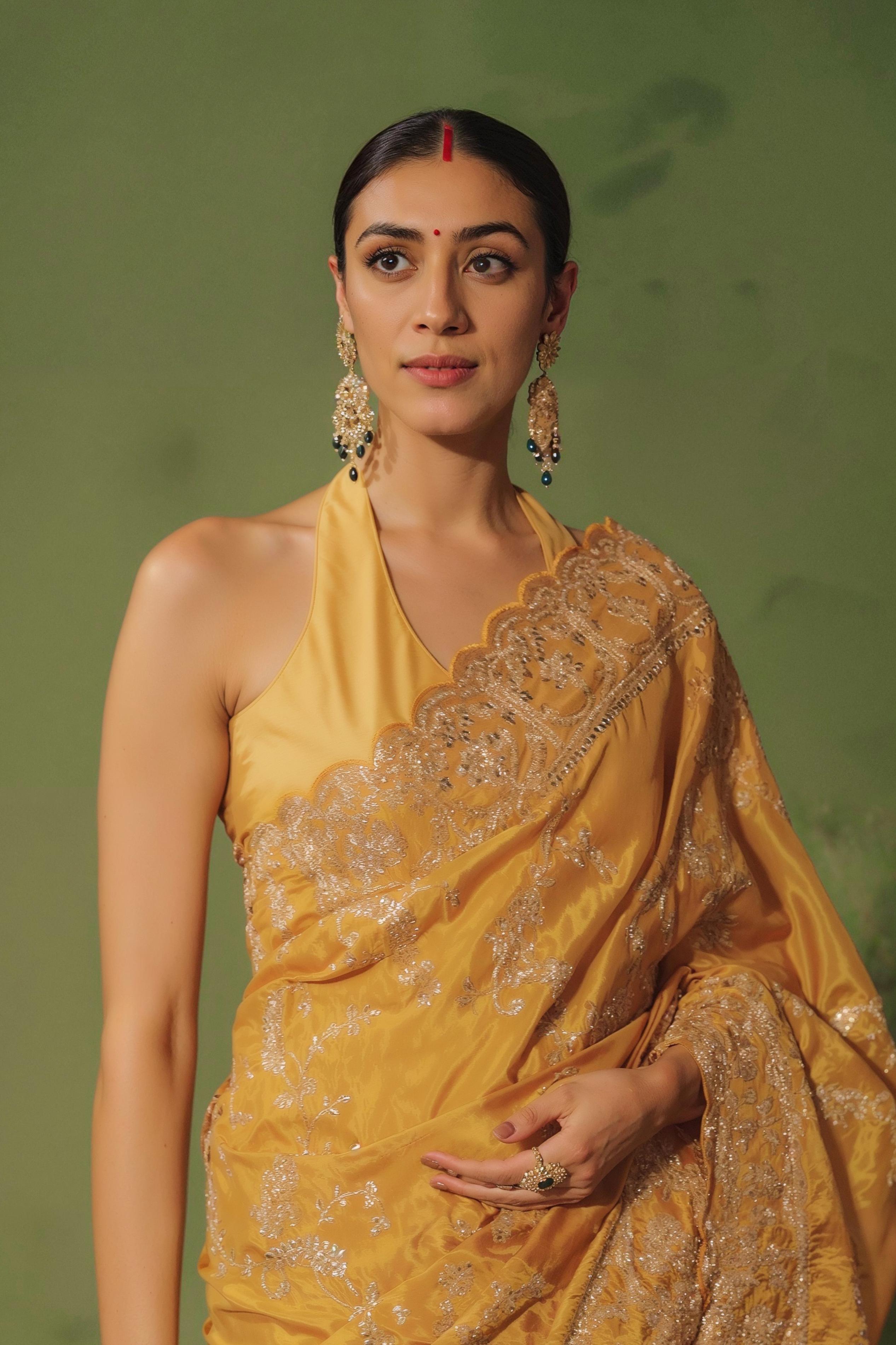 Glam Yellow Embellished Premium Silk Saree