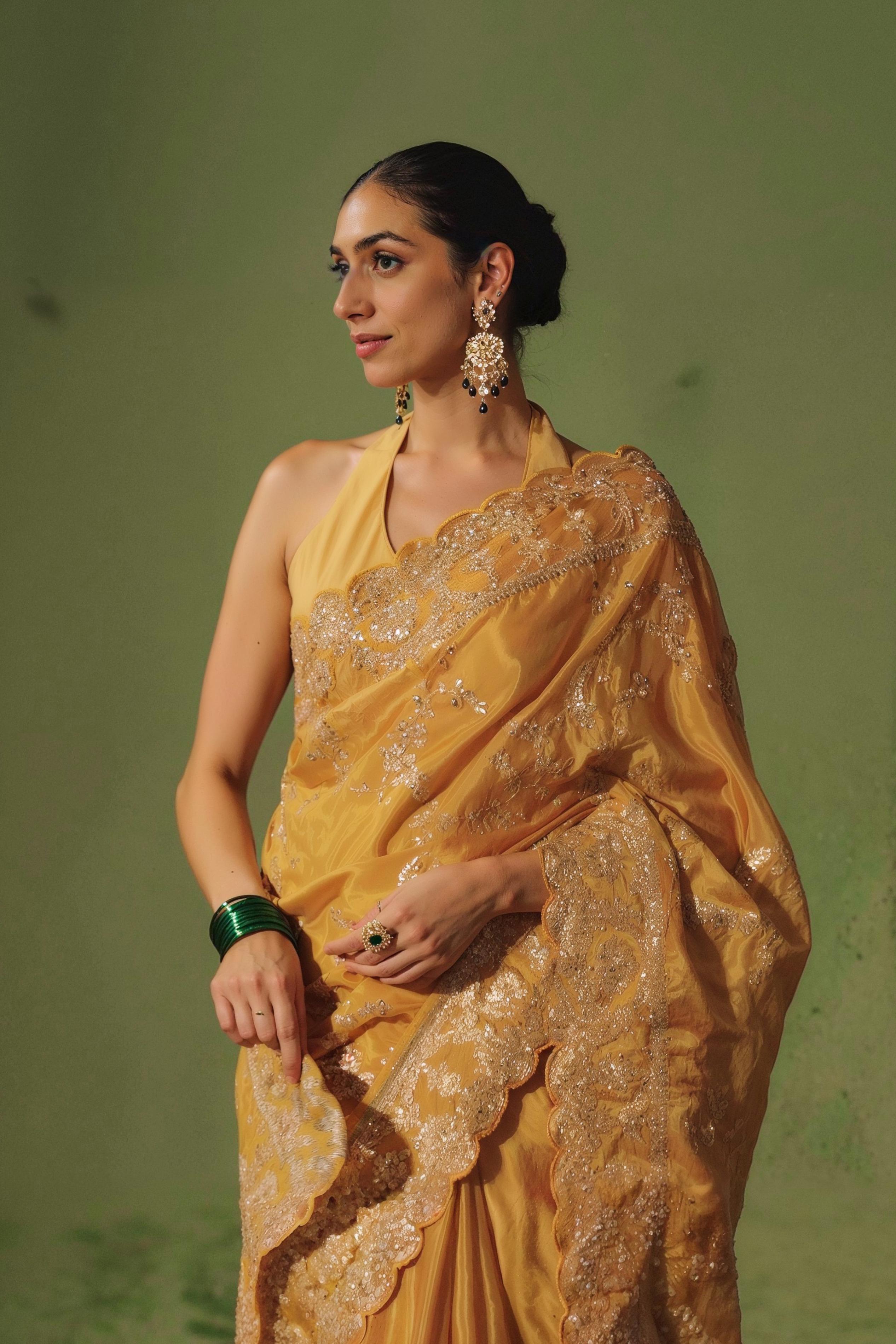 Glam Yellow Embellished Premium Silk Saree
