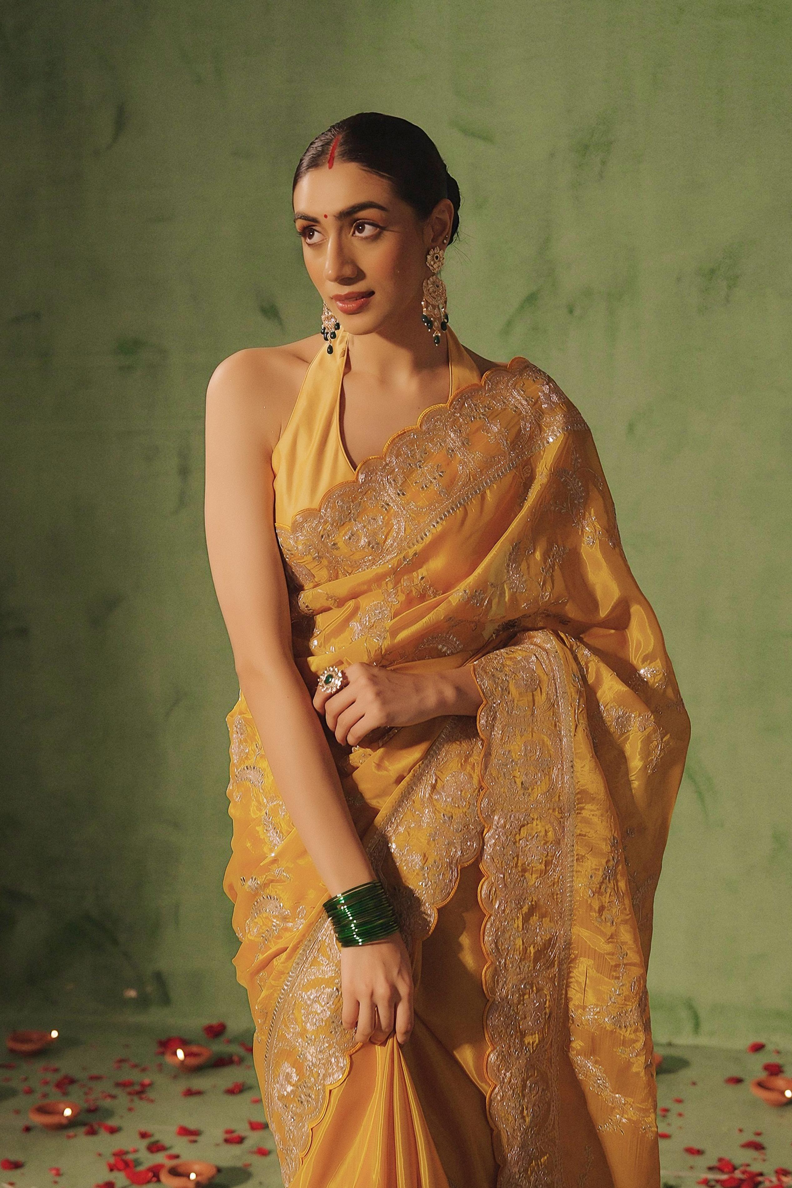 Glam Yellow Embellished Premium Silk Saree