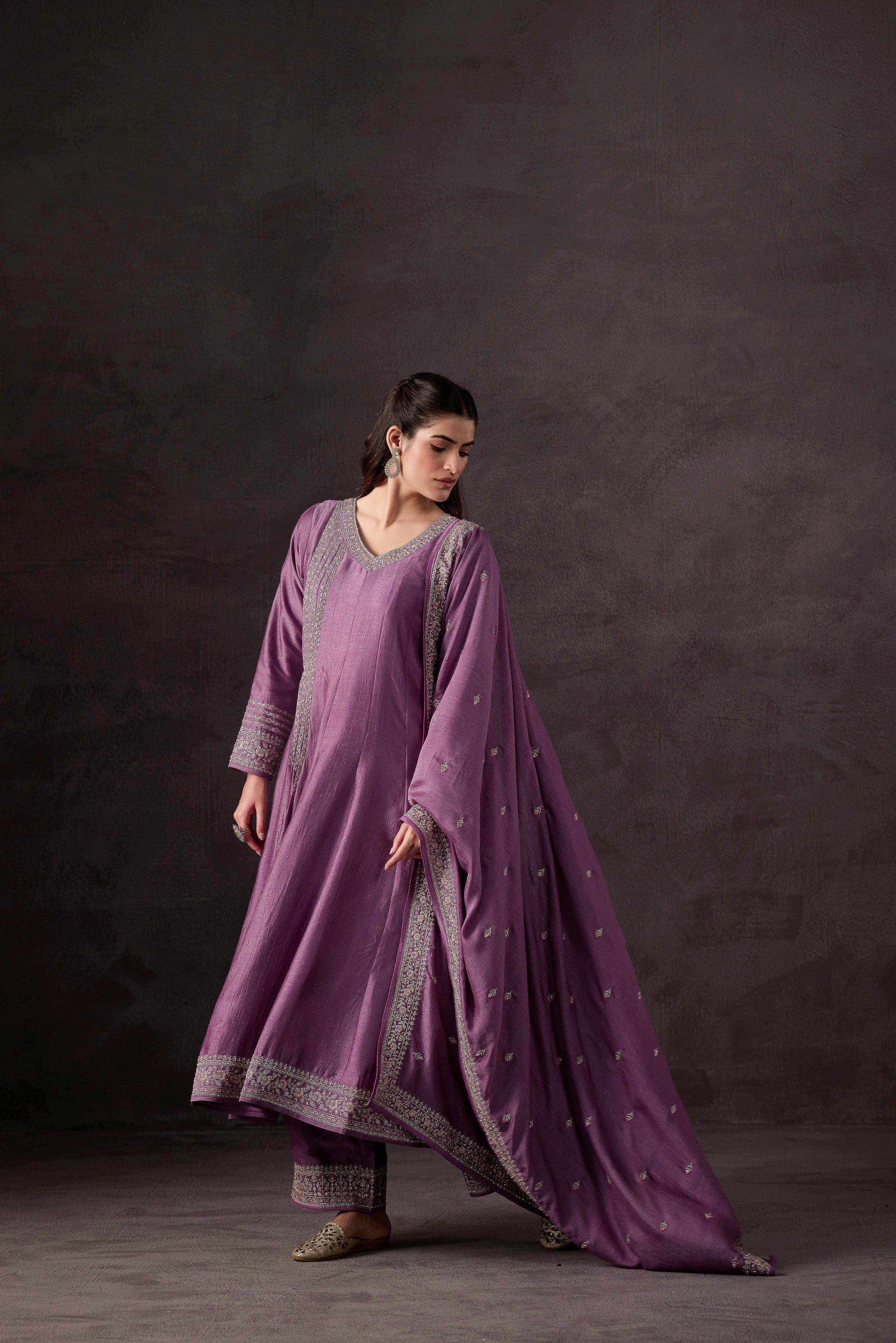 Pastel Purple Embellished Raw Silk Anarkali Set