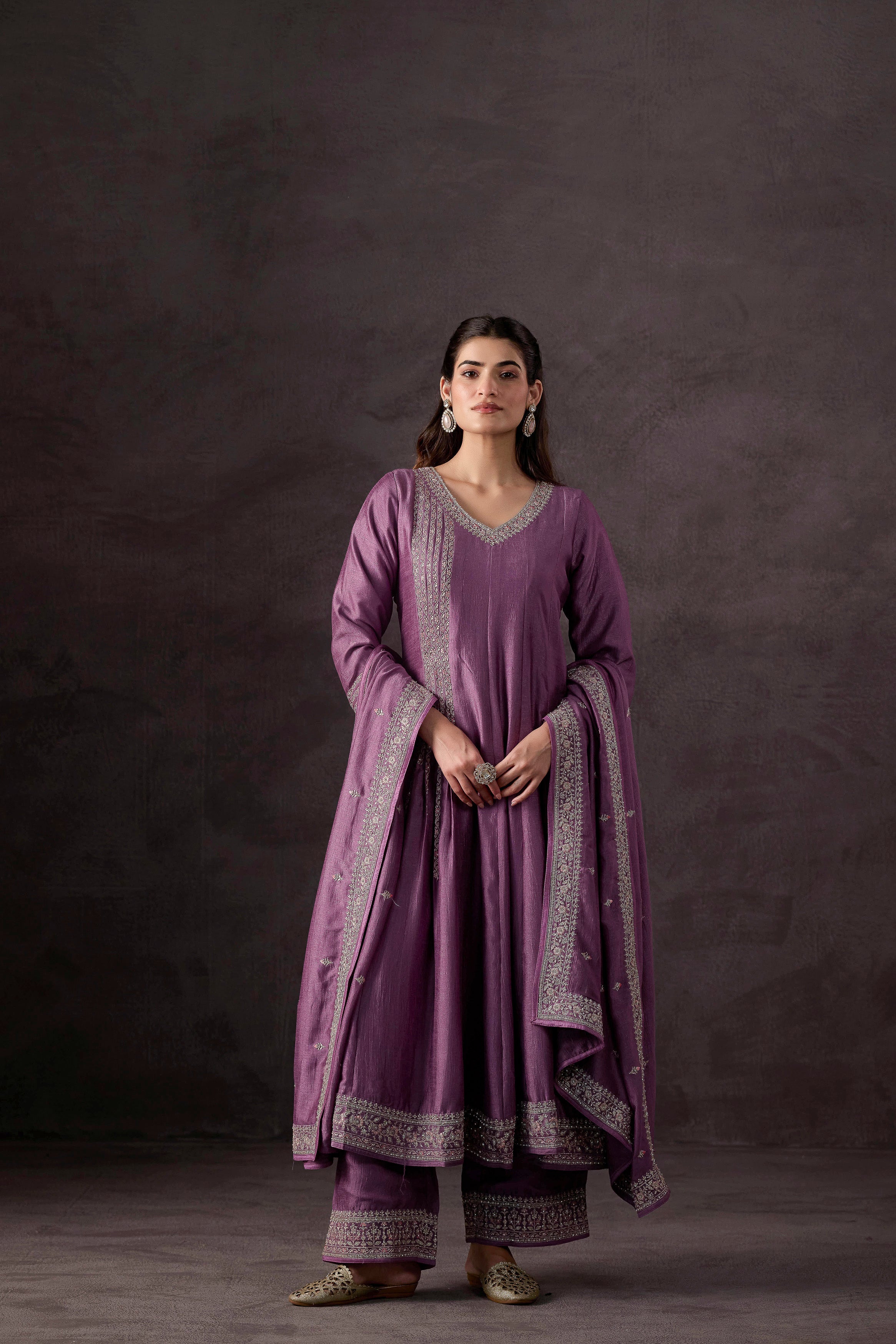 Pastel Purple Embellished Raw Silk Anarkali Set