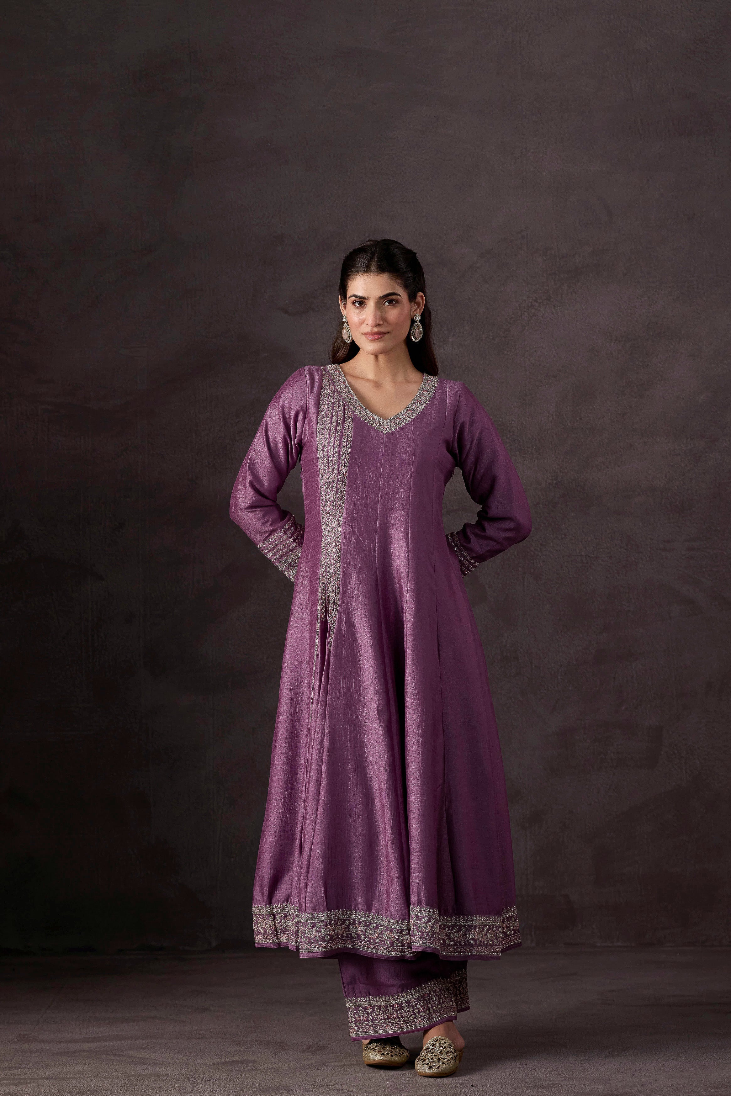 Pastel Purple Embellished Raw Silk Anarkali Set