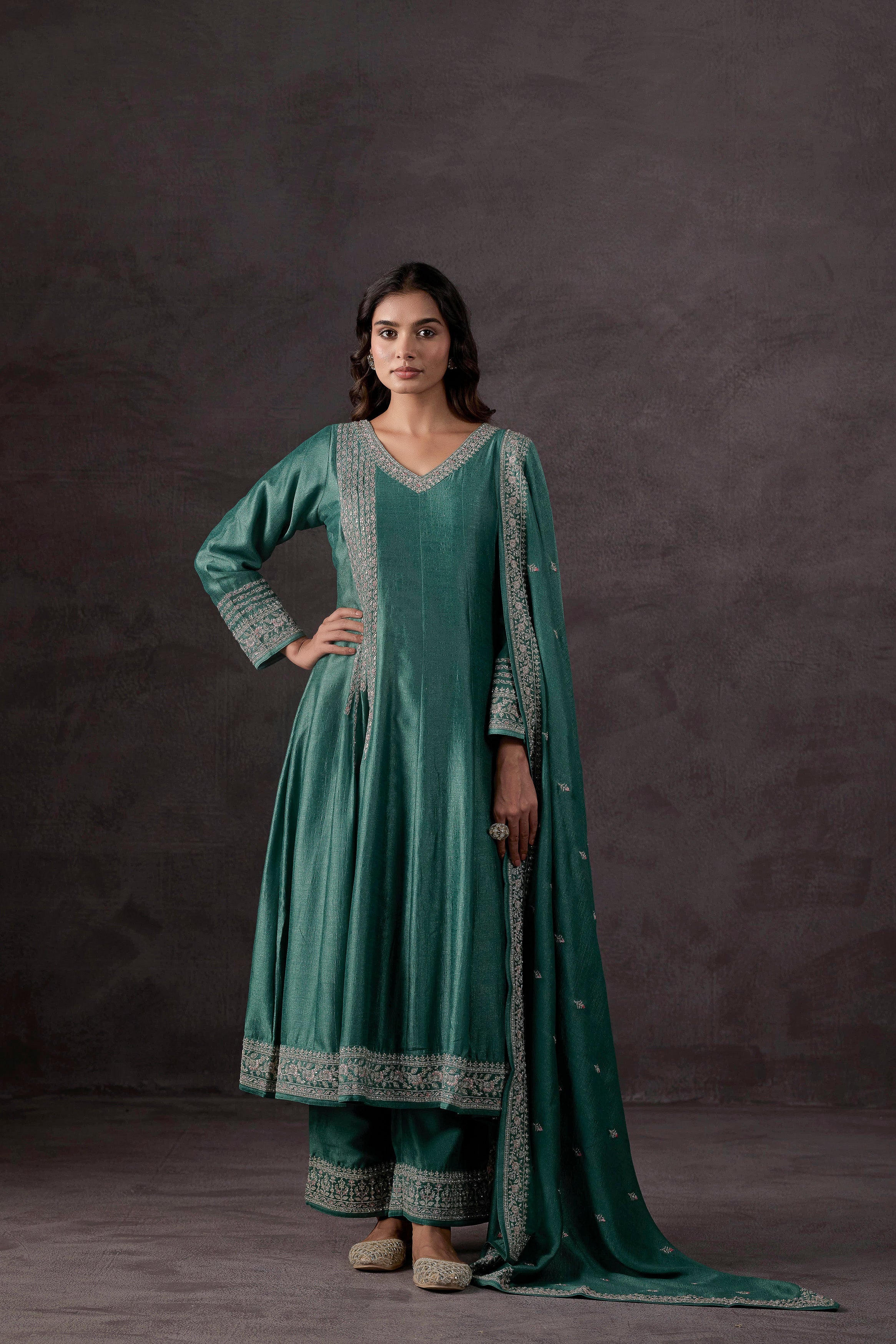 Light Green Embellished Raw Silk Anarkali Set
