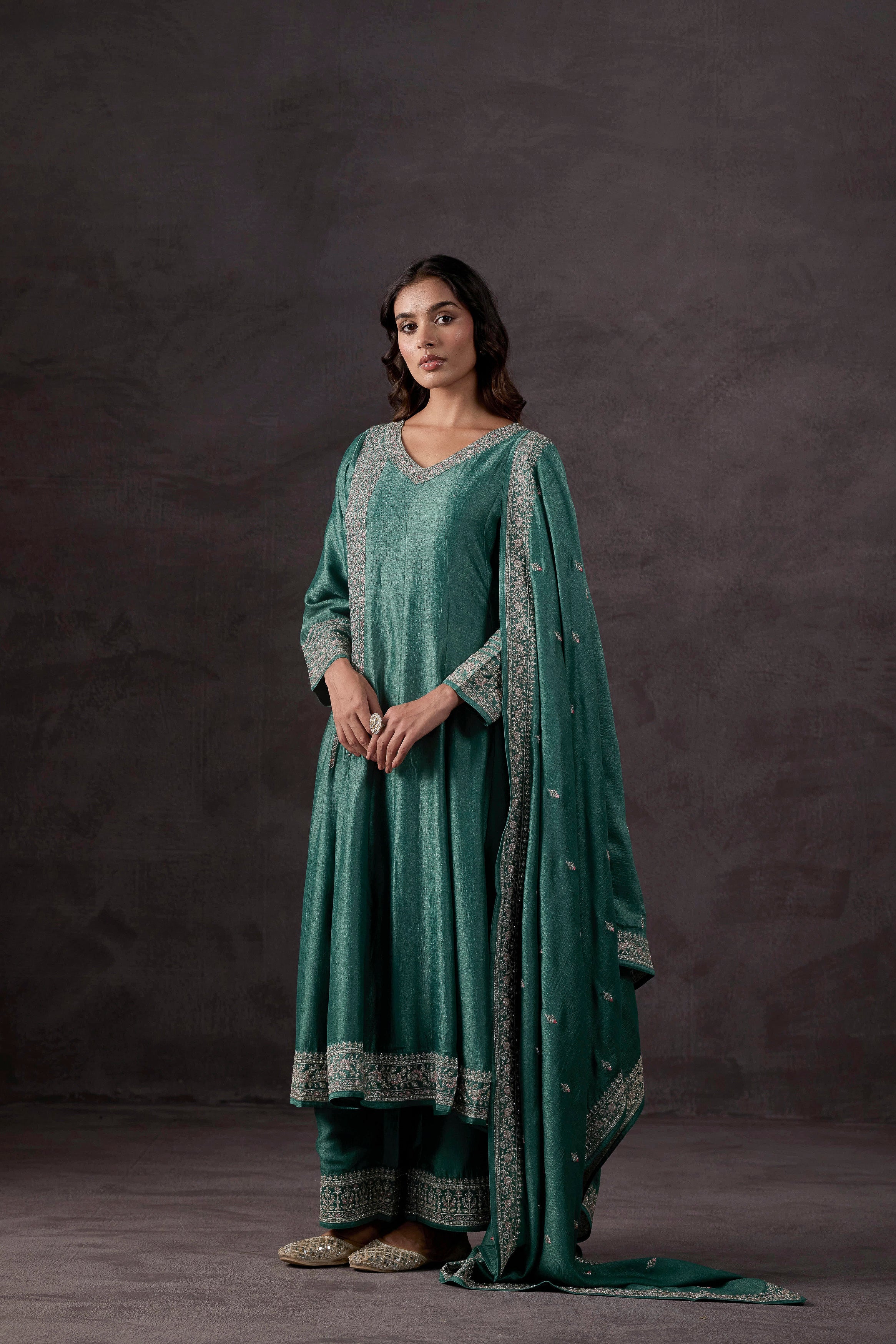 Light Green Embellished Raw Silk Anarkali Set