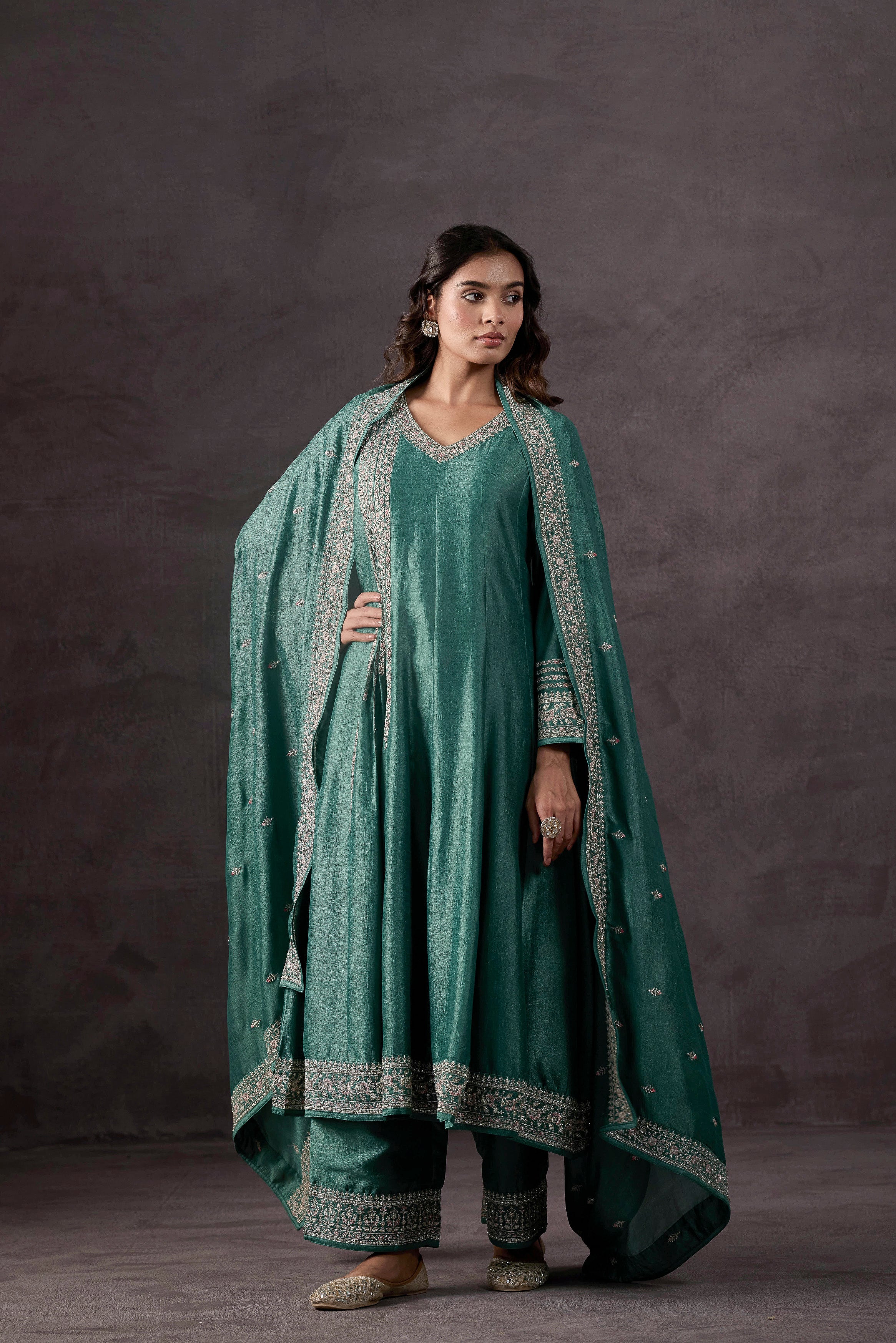 Light Green Embellished Raw Silk Anarkali Set