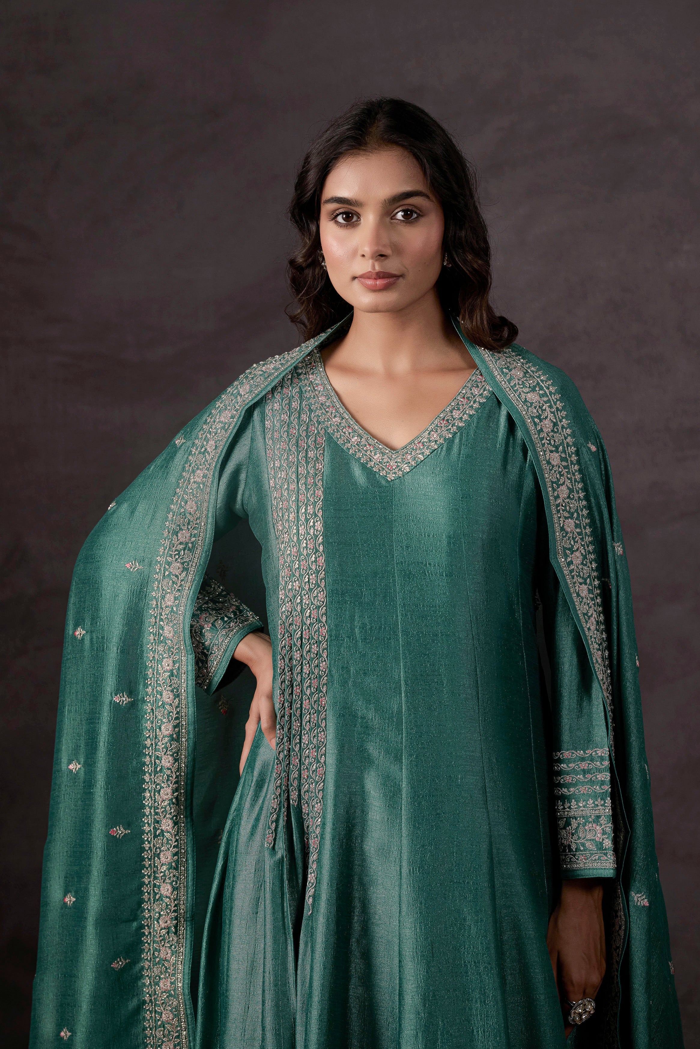 Light Green Embellished Raw Silk Anarkali Set