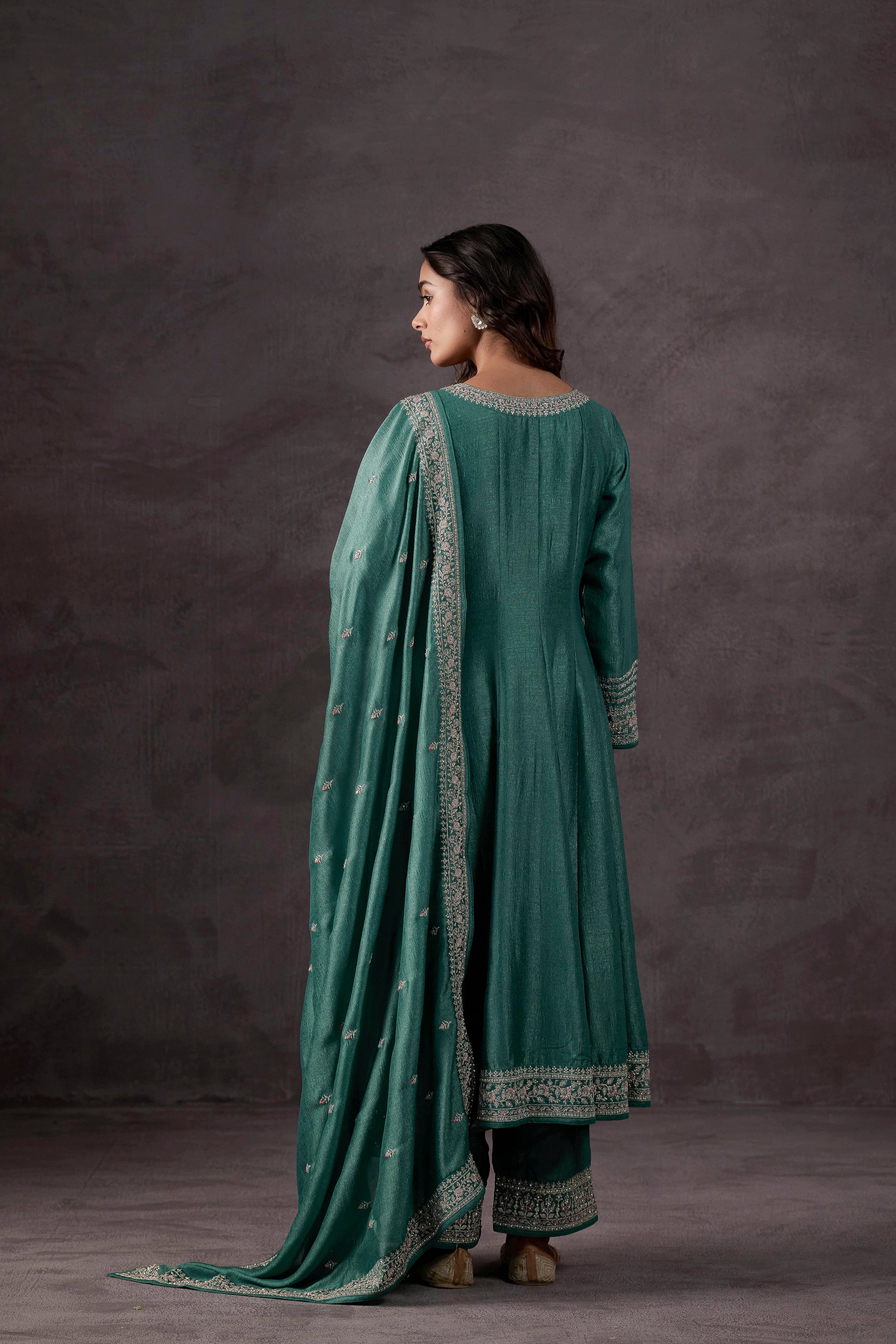 Light Green Embellished Raw Silk Anarkali Set