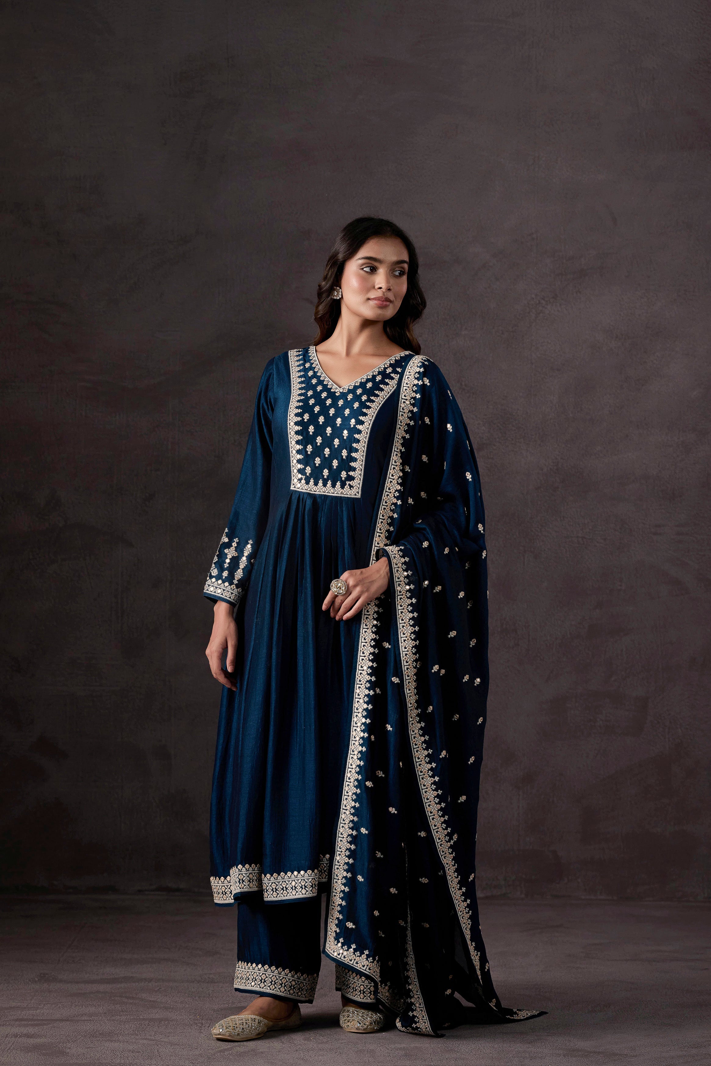 Teal Blue Embellished Raw Silk Anarkali Set
