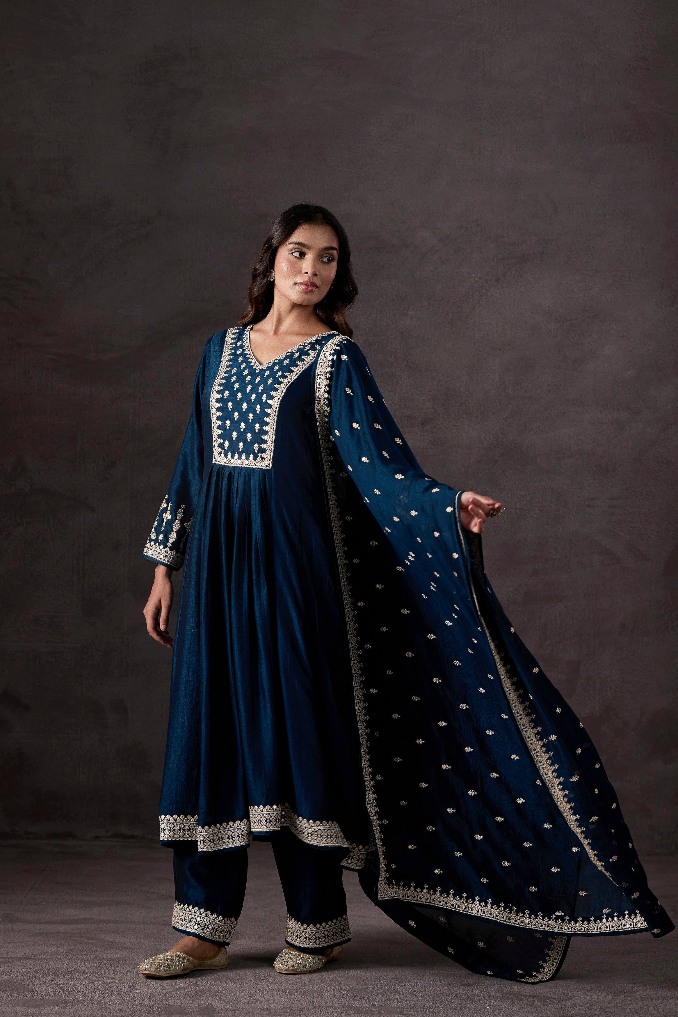 Teal Blue Embellished Raw Silk Anarkali Set