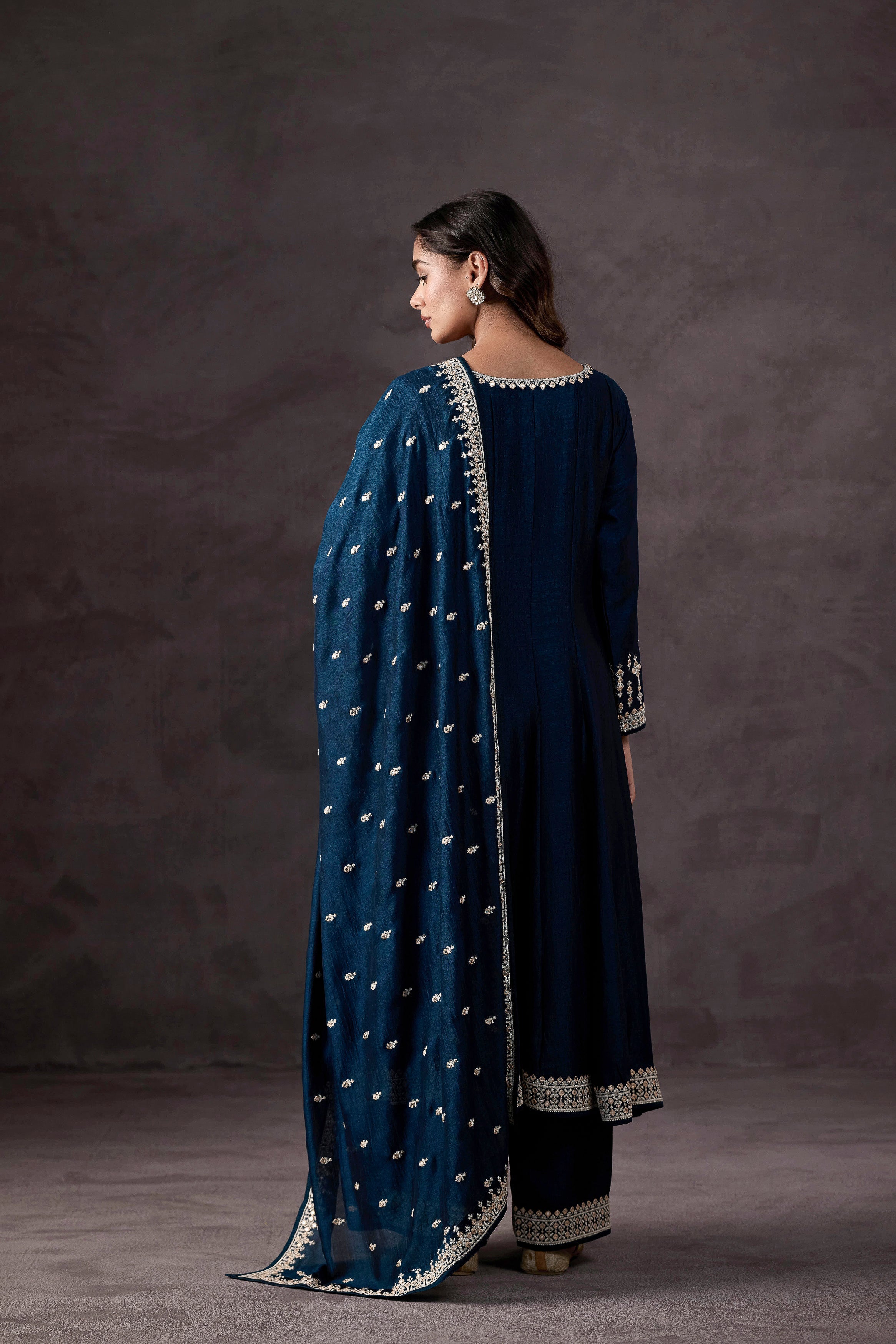 Teal Blue Embellished Raw Silk Anarkali Set