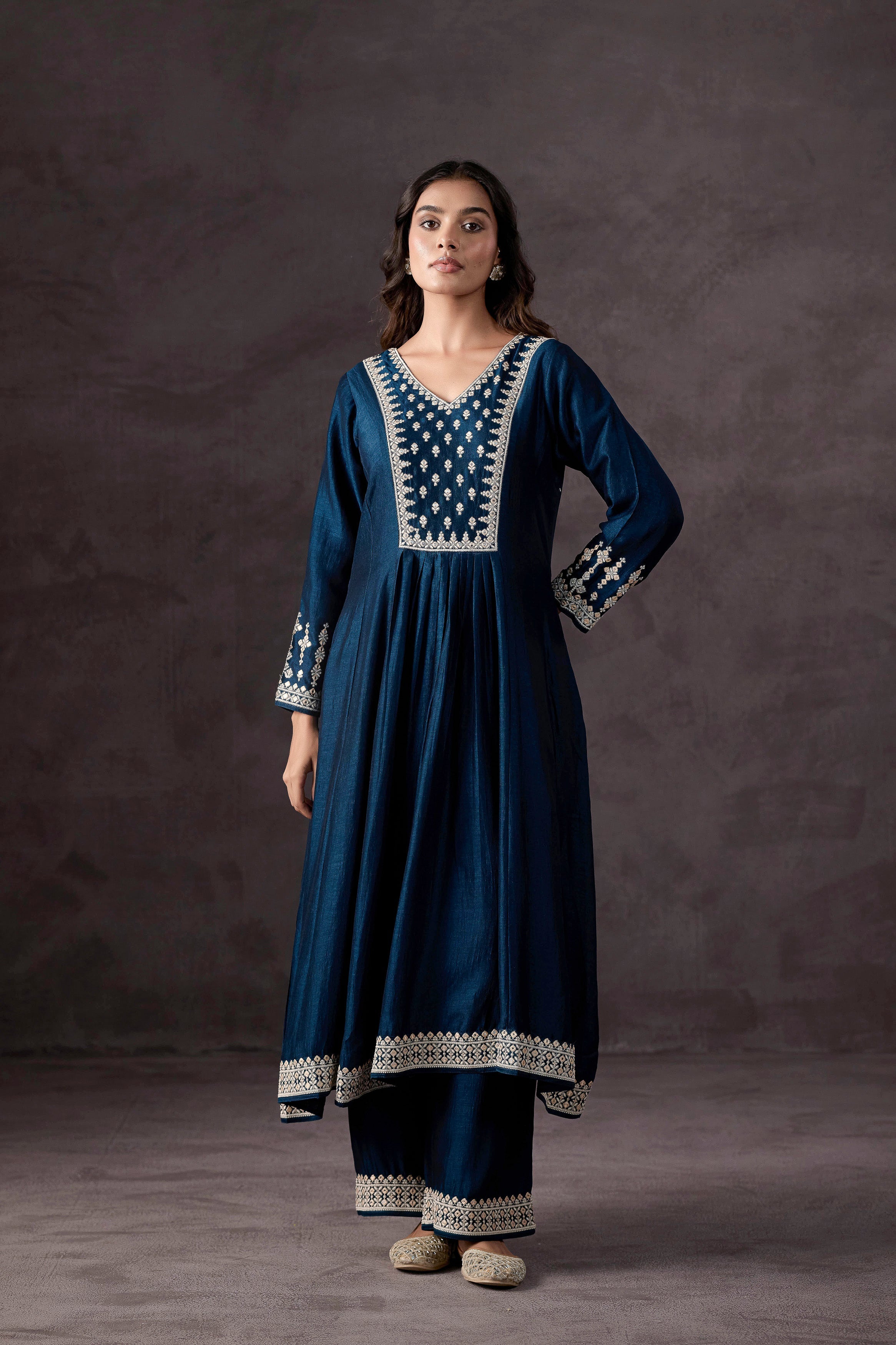 Teal Blue Embellished Raw Silk Anarkali Set