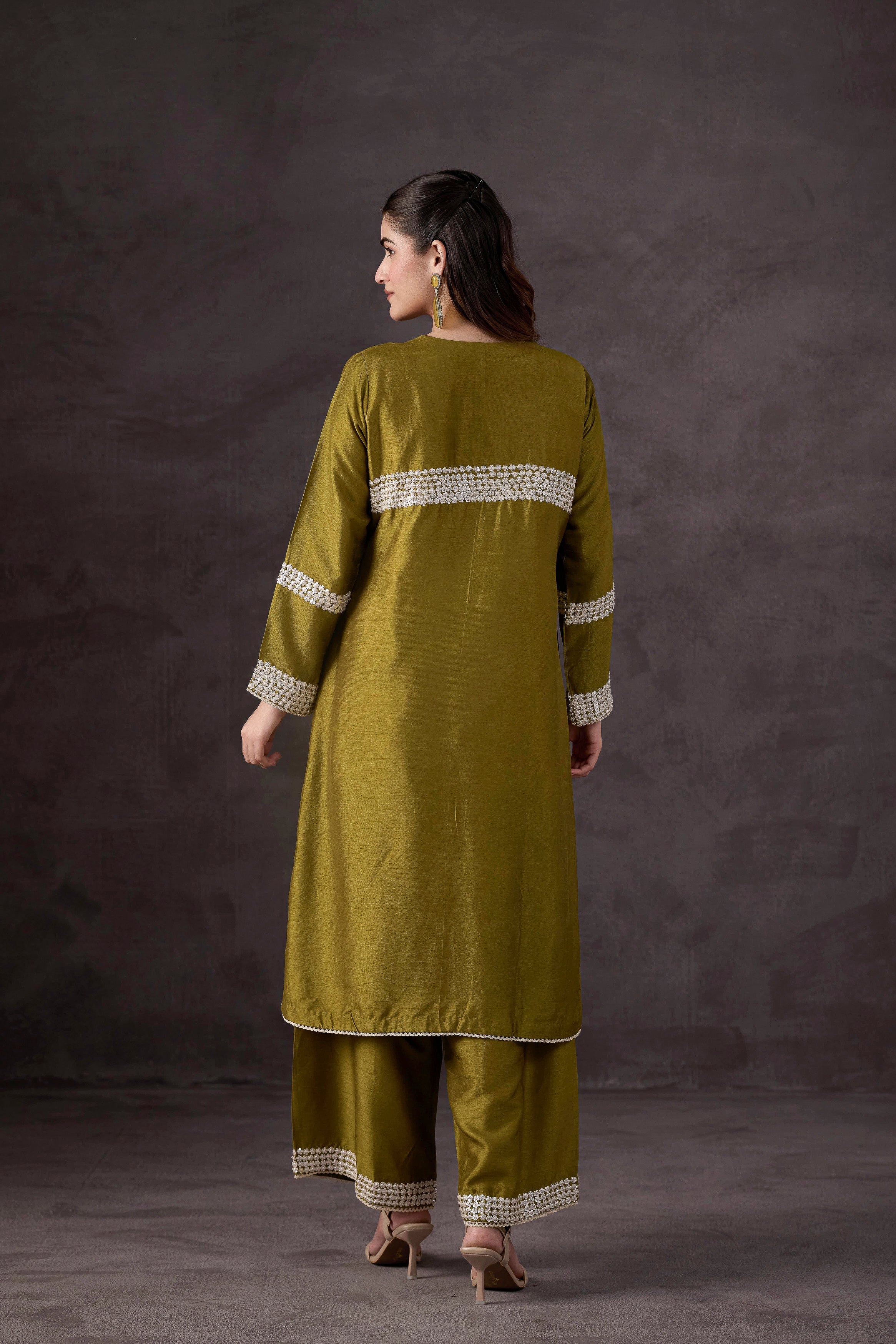 Olive Green Embellished Raw Silk Kurta Set