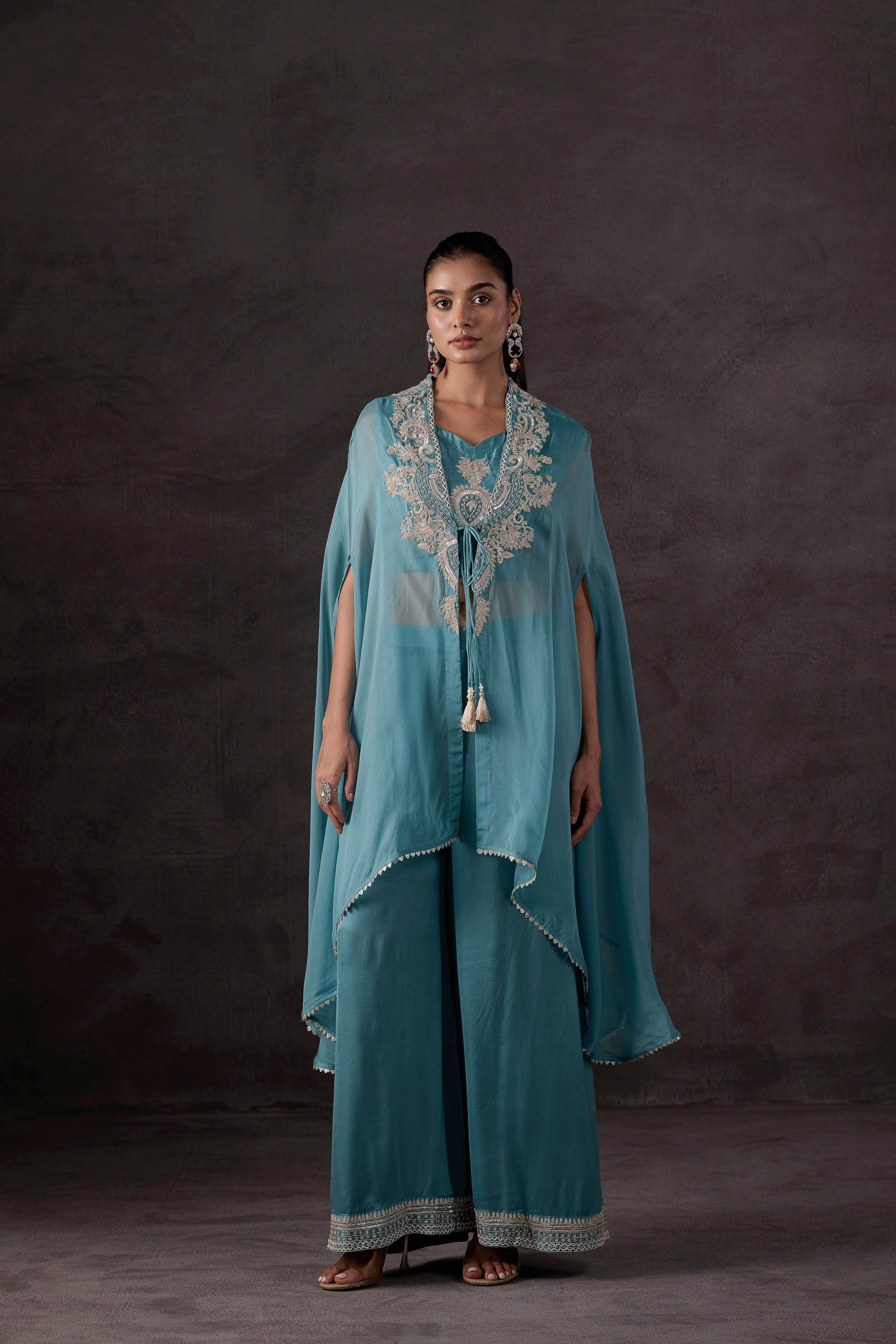 Sky Blue Embellished Organza Silk Cape Set