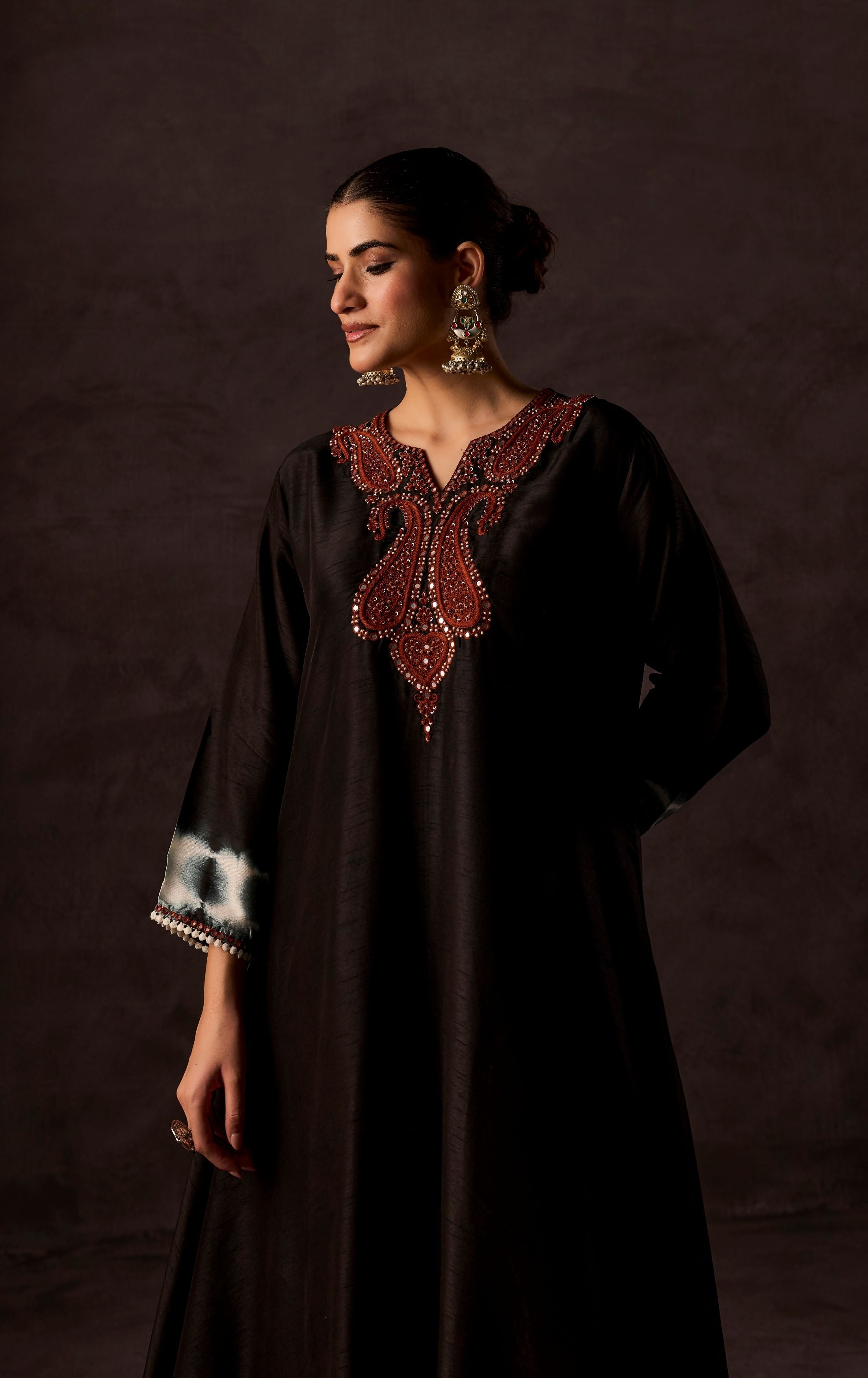 Black Embellished Raw Silk Kurta Set