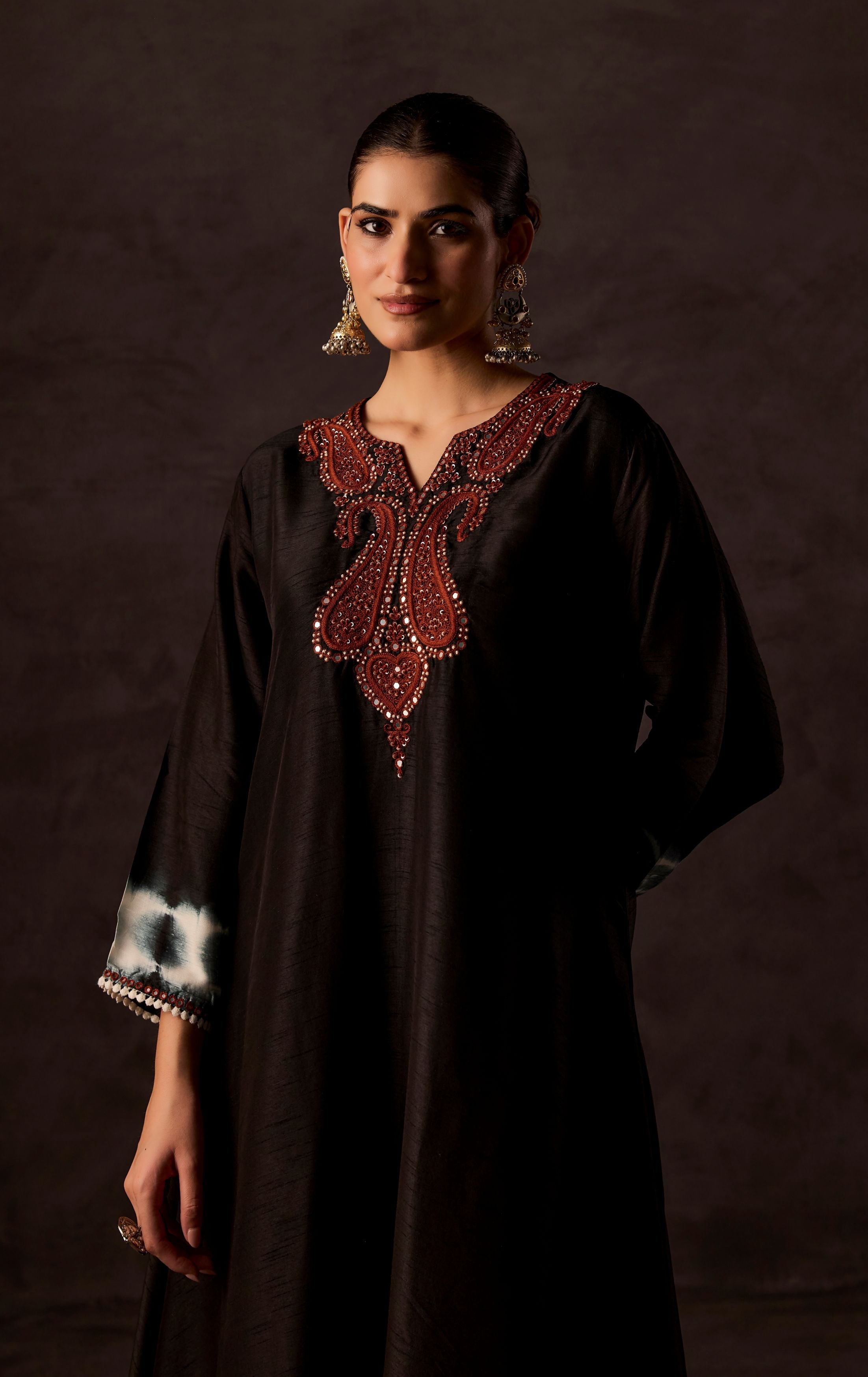 Black Embellished Raw Silk Kurta Set