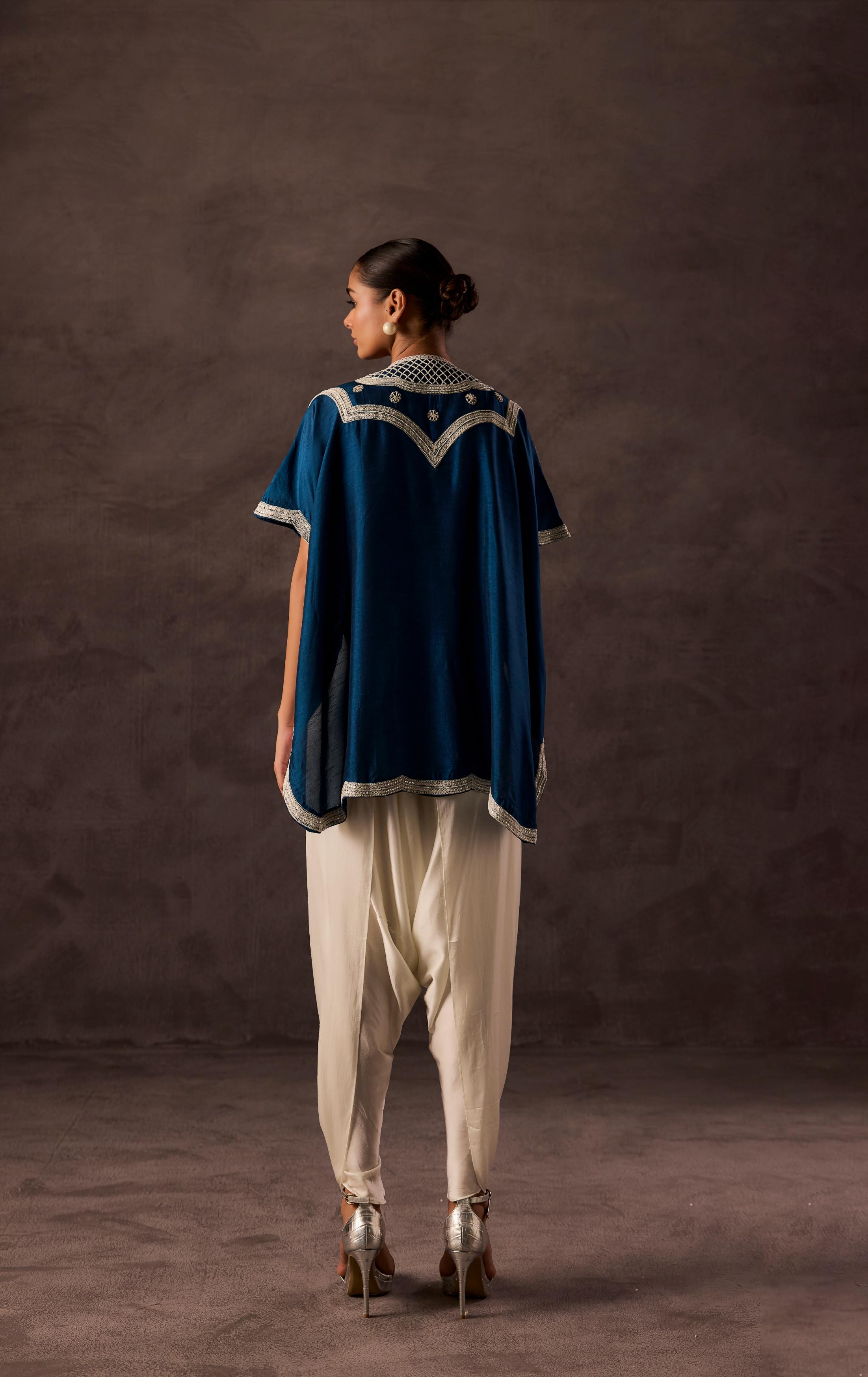 Teal Blue Embellished Premium Silk Dhoti Set