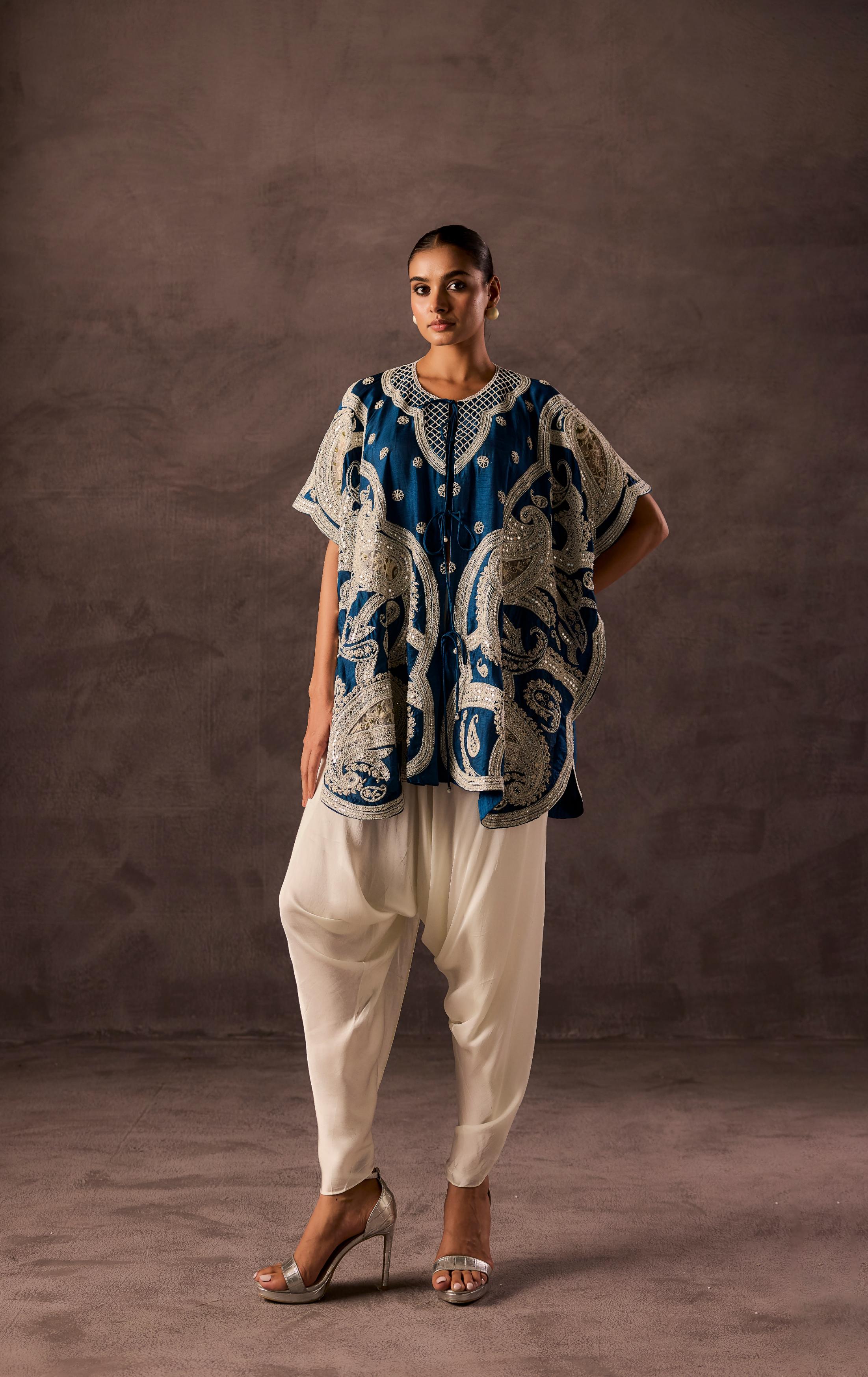 Teal Blue Embellished Premium Silk Dhoti Set