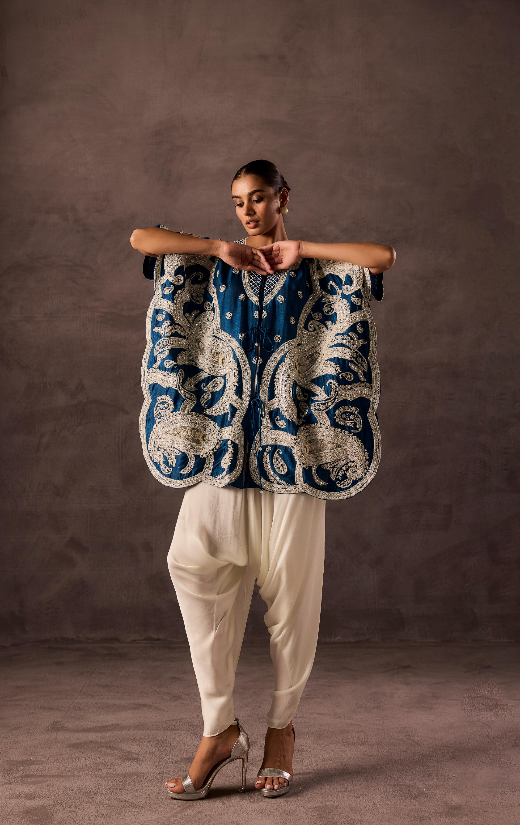 Teal Blue Embellished Premium Silk Dhoti Set