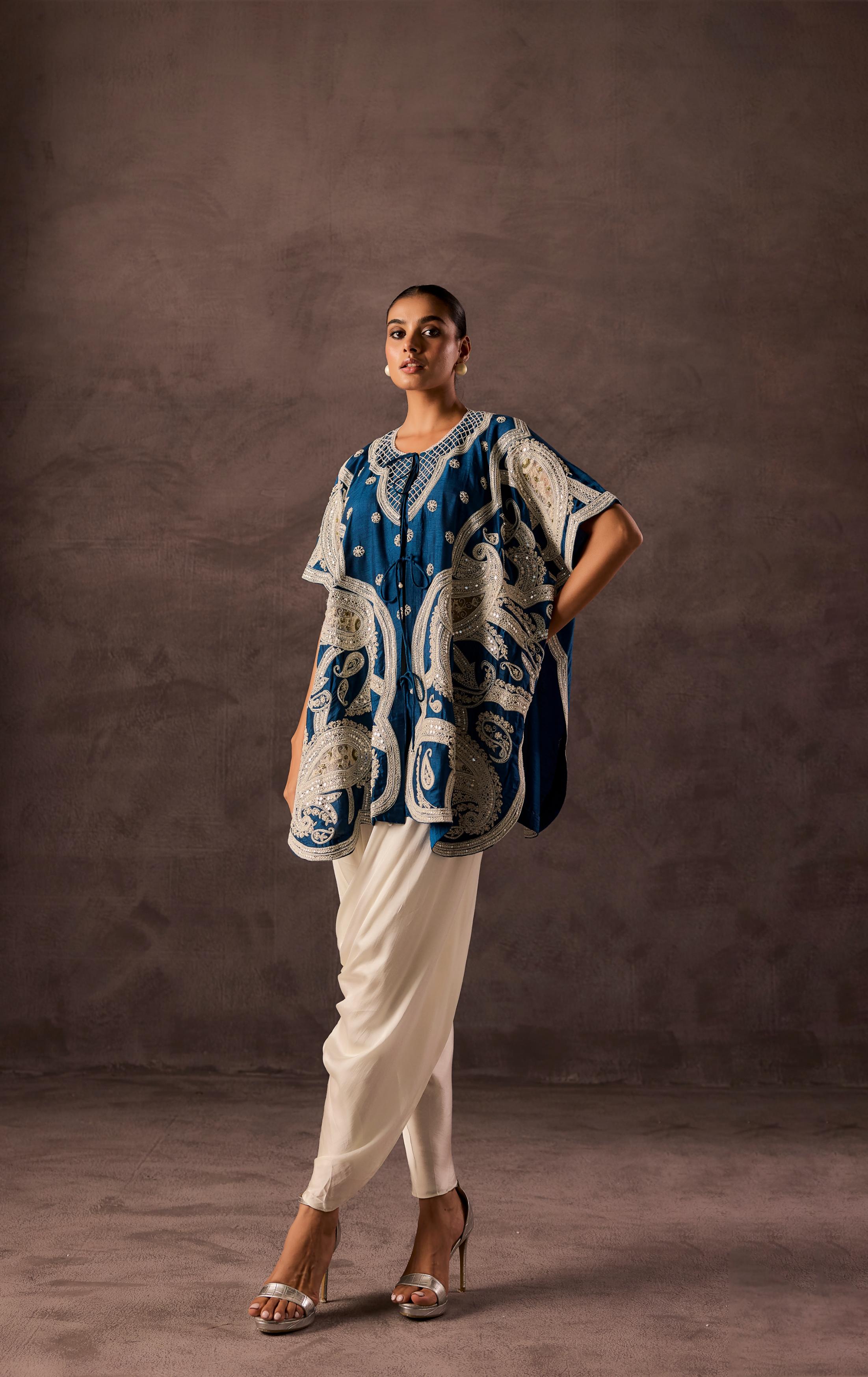 Teal Blue Embellished Premium Silk Dhoti Set