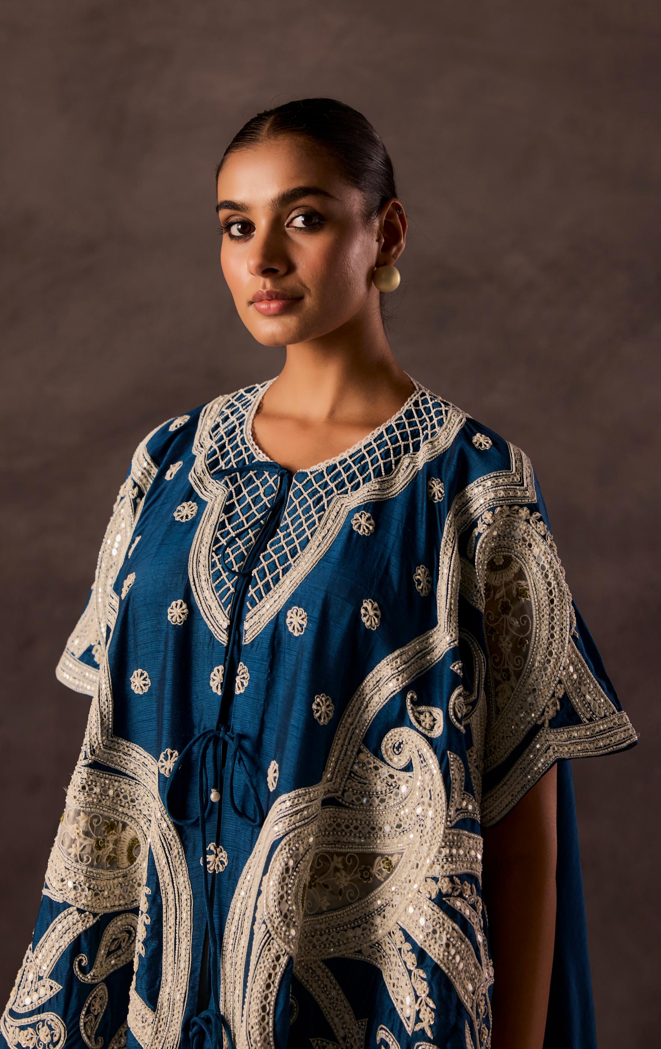 Teal Blue Embellished Premium Silk Dhoti Set