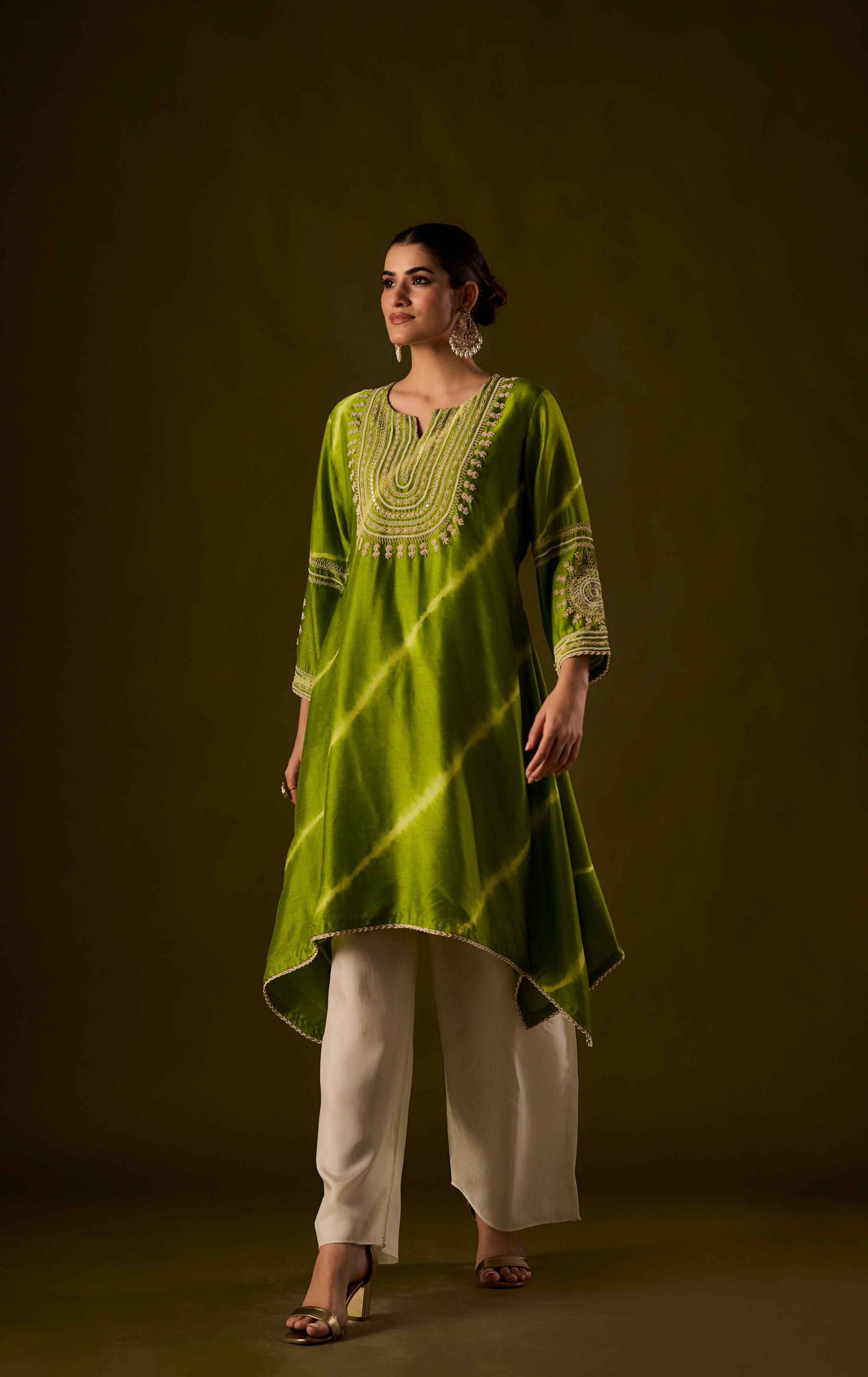 Lime Green Embellished Raw Silk Palazzo Set