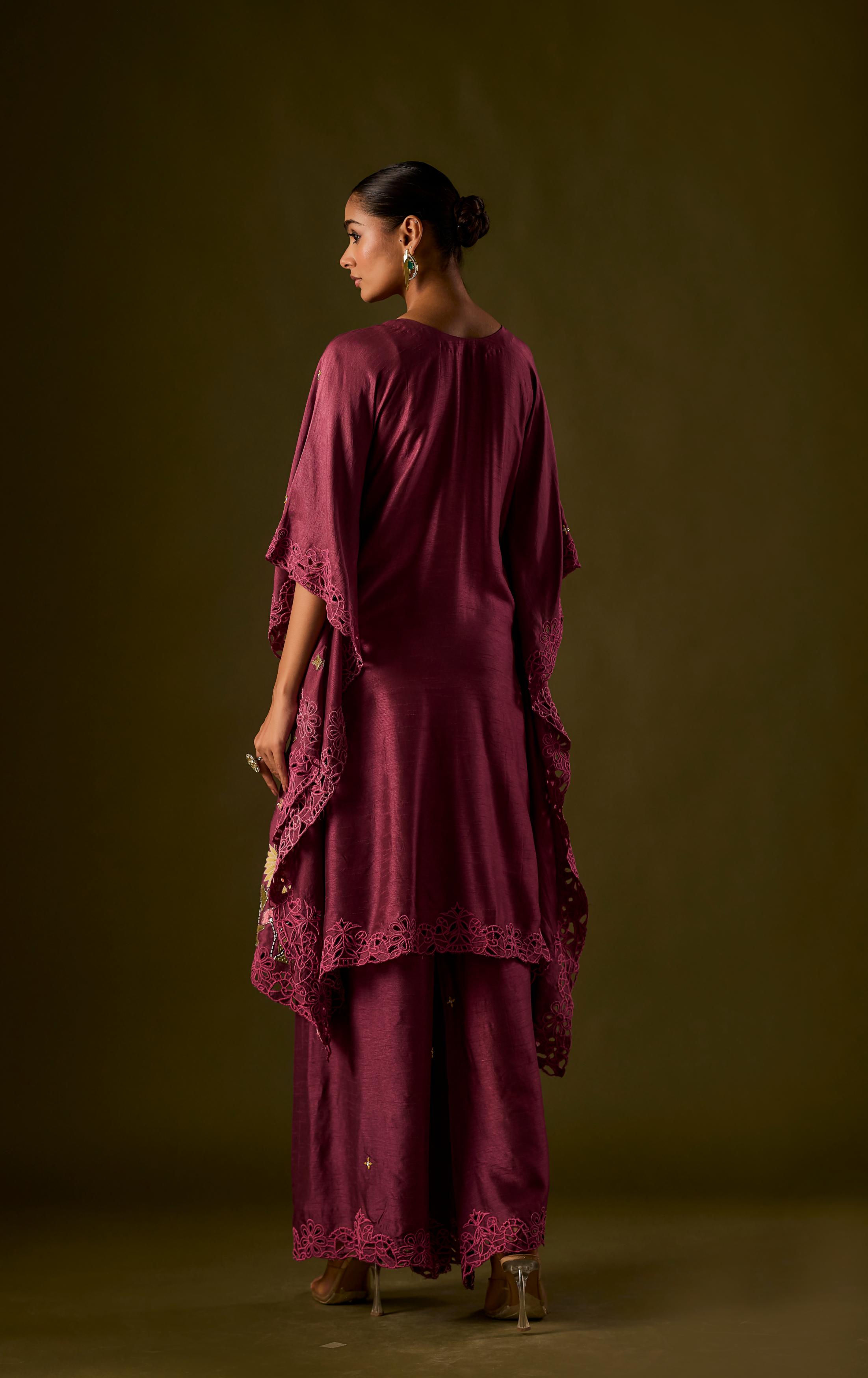 Pastel Purple Embellished Raw Silk Kaftan Pant Set