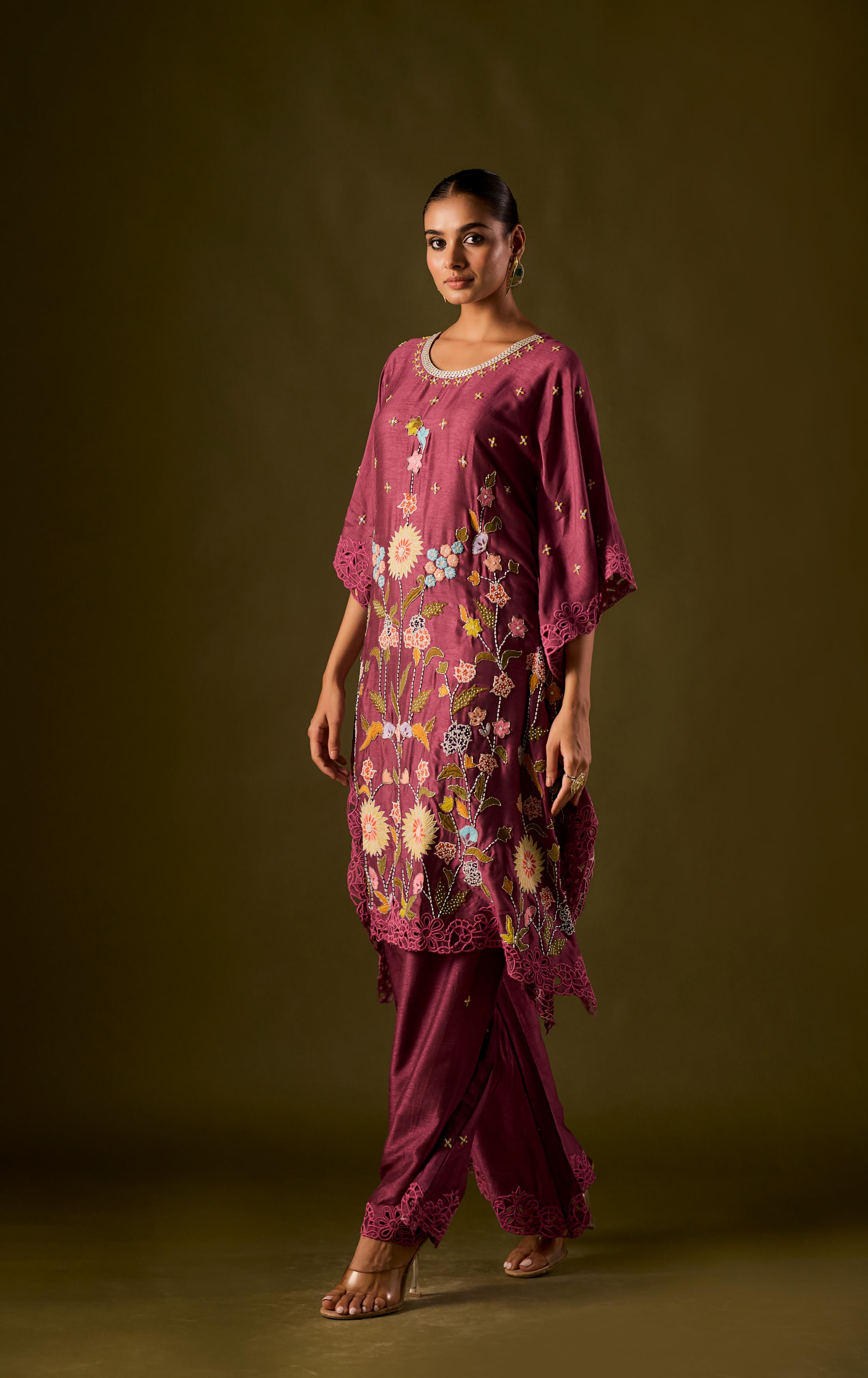 Pastel Purple Embellished Raw Silk Kaftan Pant Set