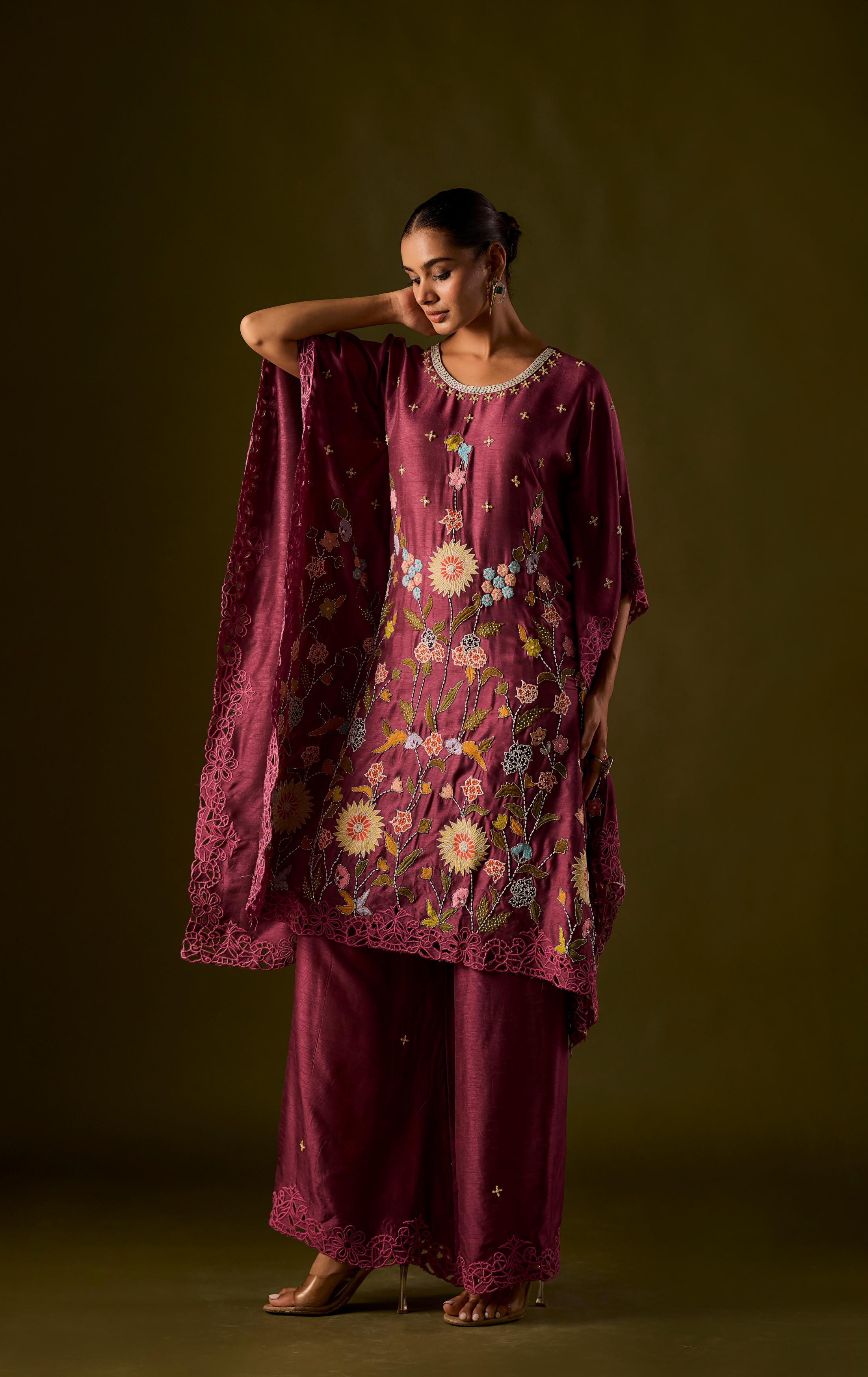 Pastel Purple Embellished Raw Silk Kaftan Pant Set