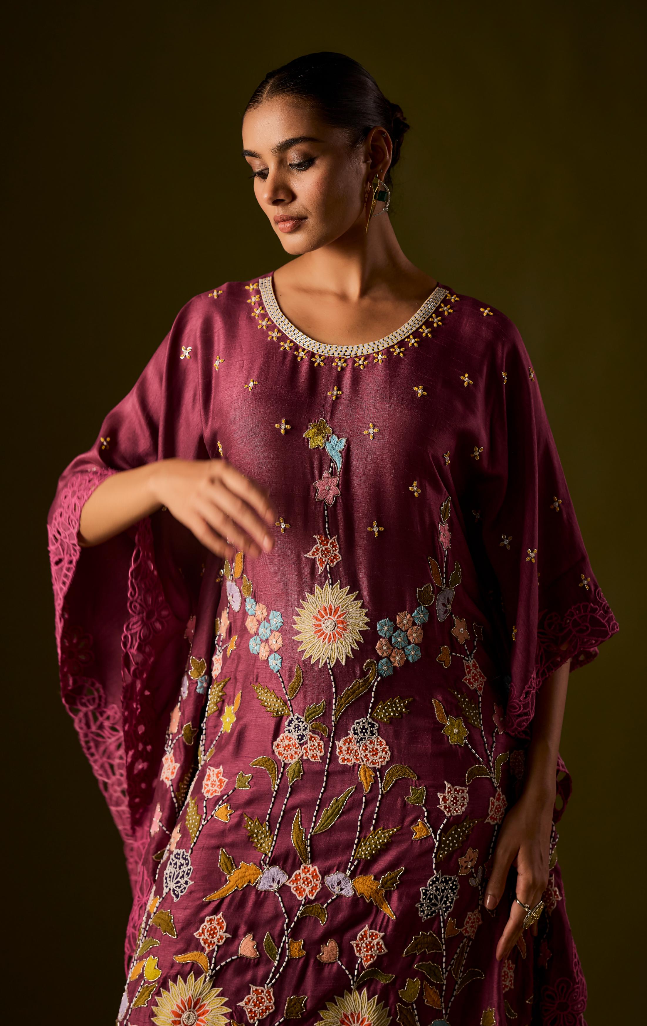 Pastel Purple Embellished Raw Silk Kaftan Pant Set