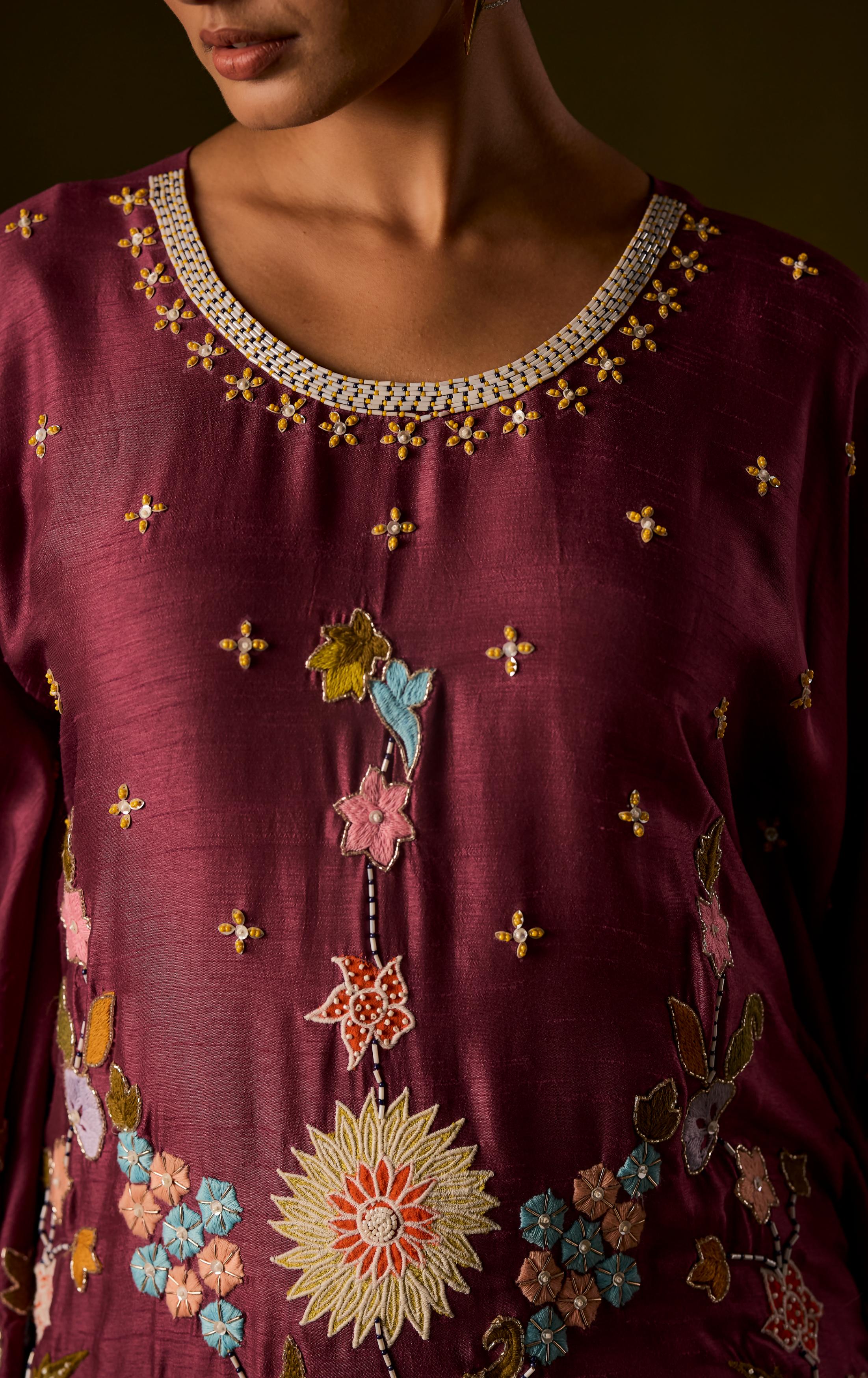Pastel Purple Embellished Raw Silk Kaftan Pant Set