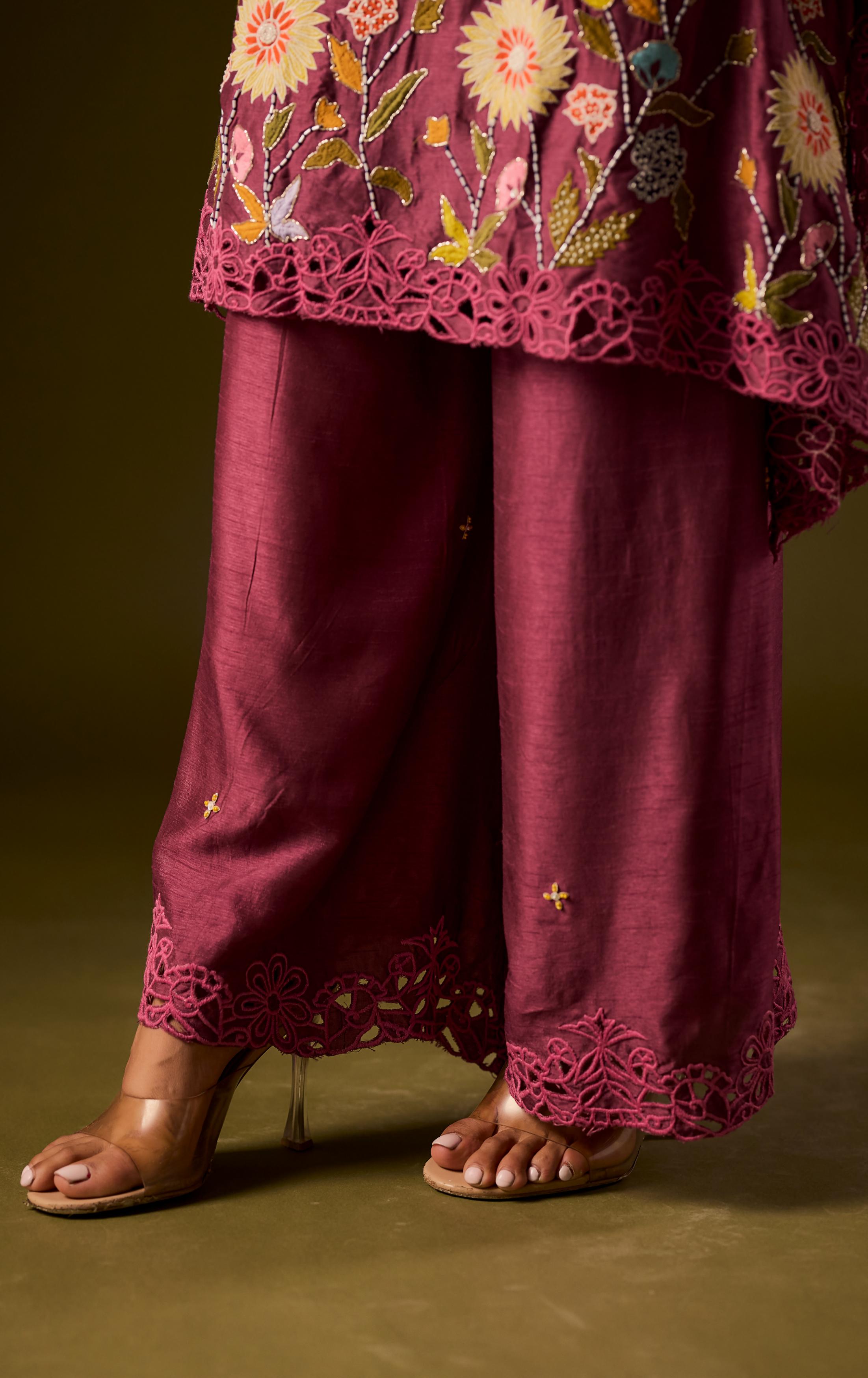 Pastel Purple Embellished Raw Silk Kaftan Pant Set