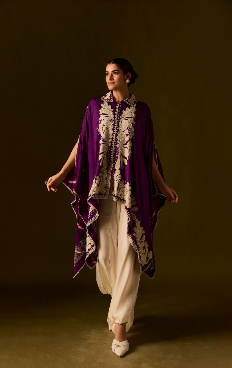 Royal Purple Embroidered Raw Silk Kaftan Set