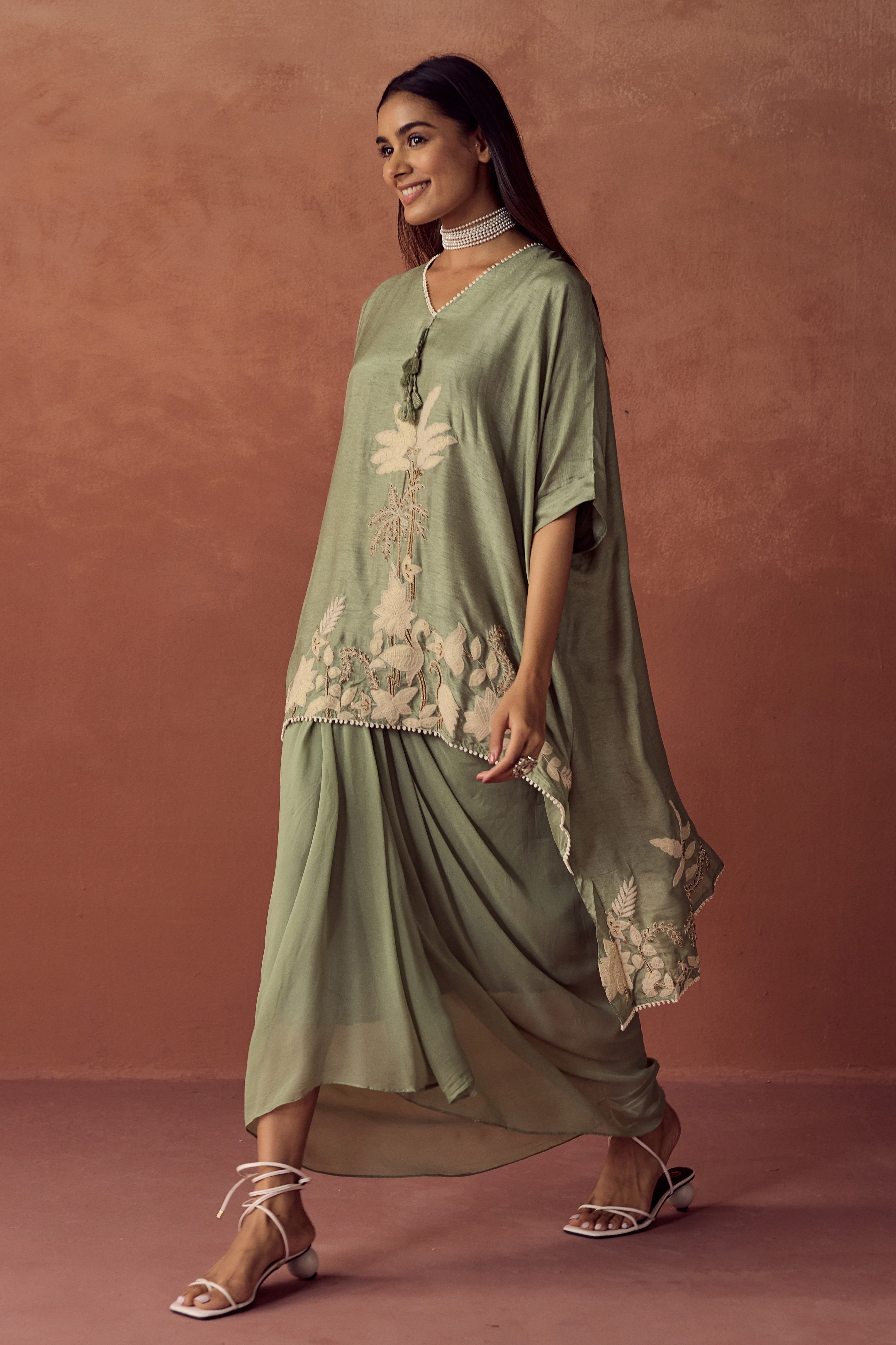 Sage Green Embellished Raw Silk Kaftan Set