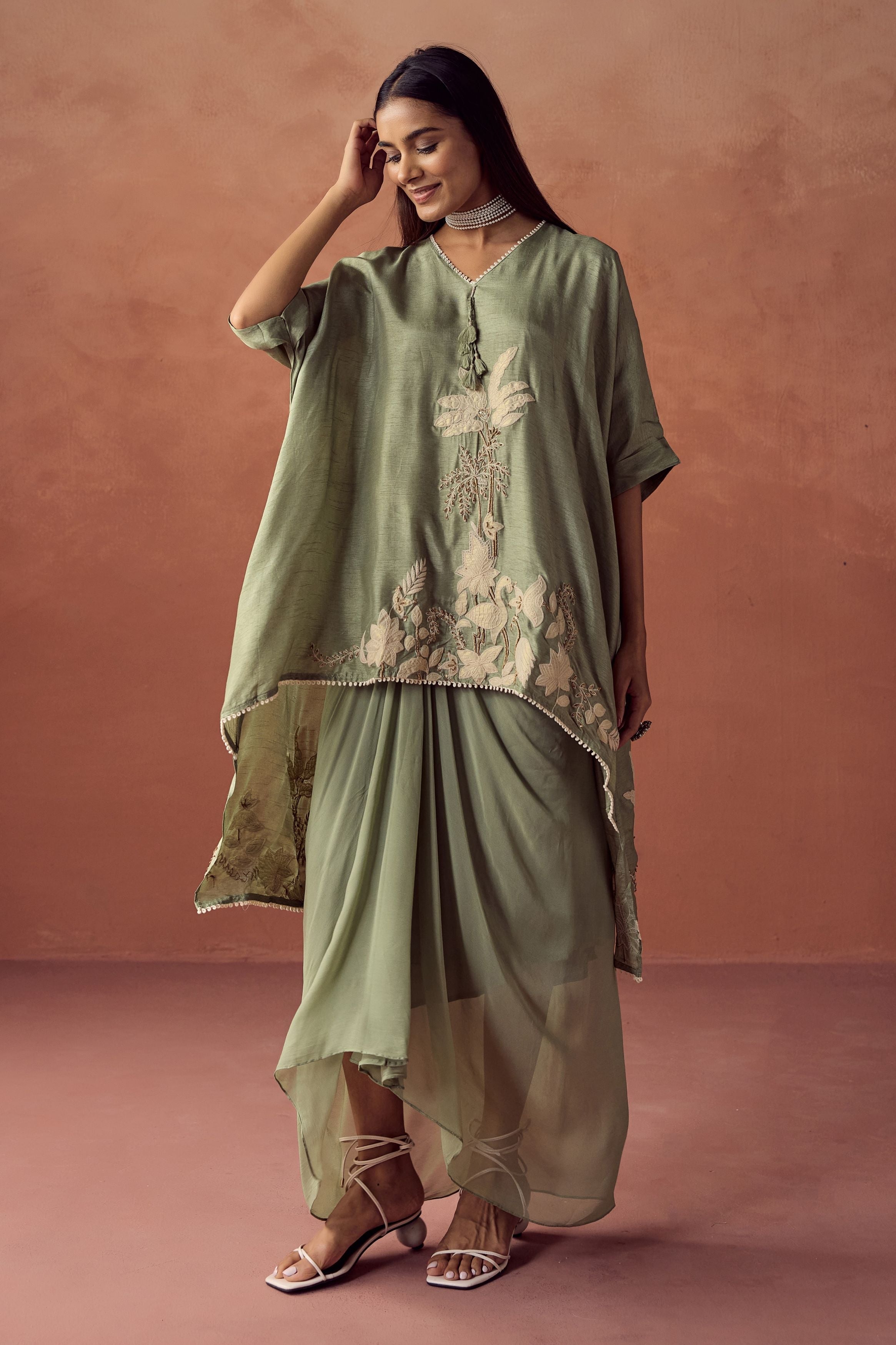 Sage Green Embellished Raw Silk Kaftan Set