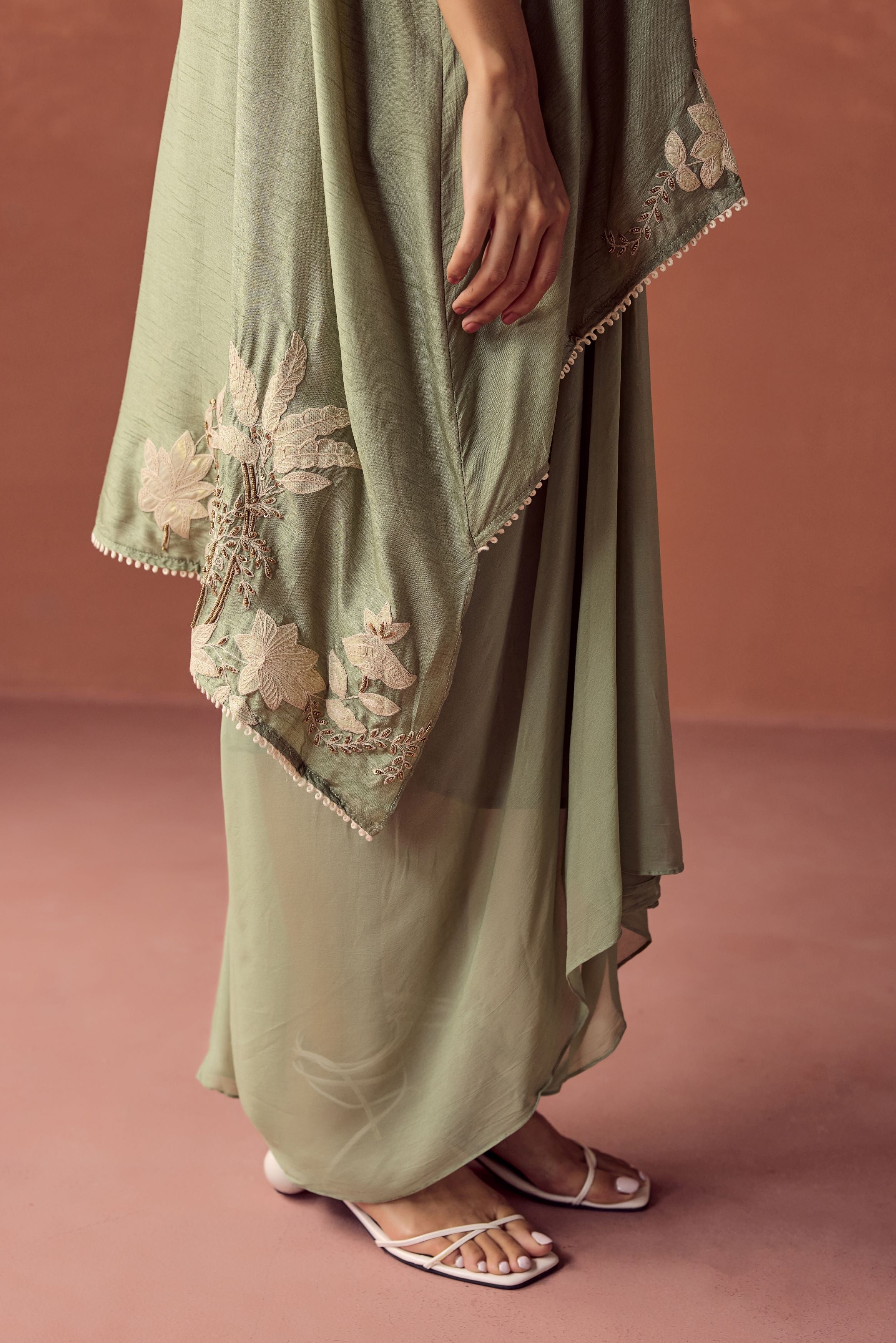 Sage Green Embellished Raw Silk Kaftan Set