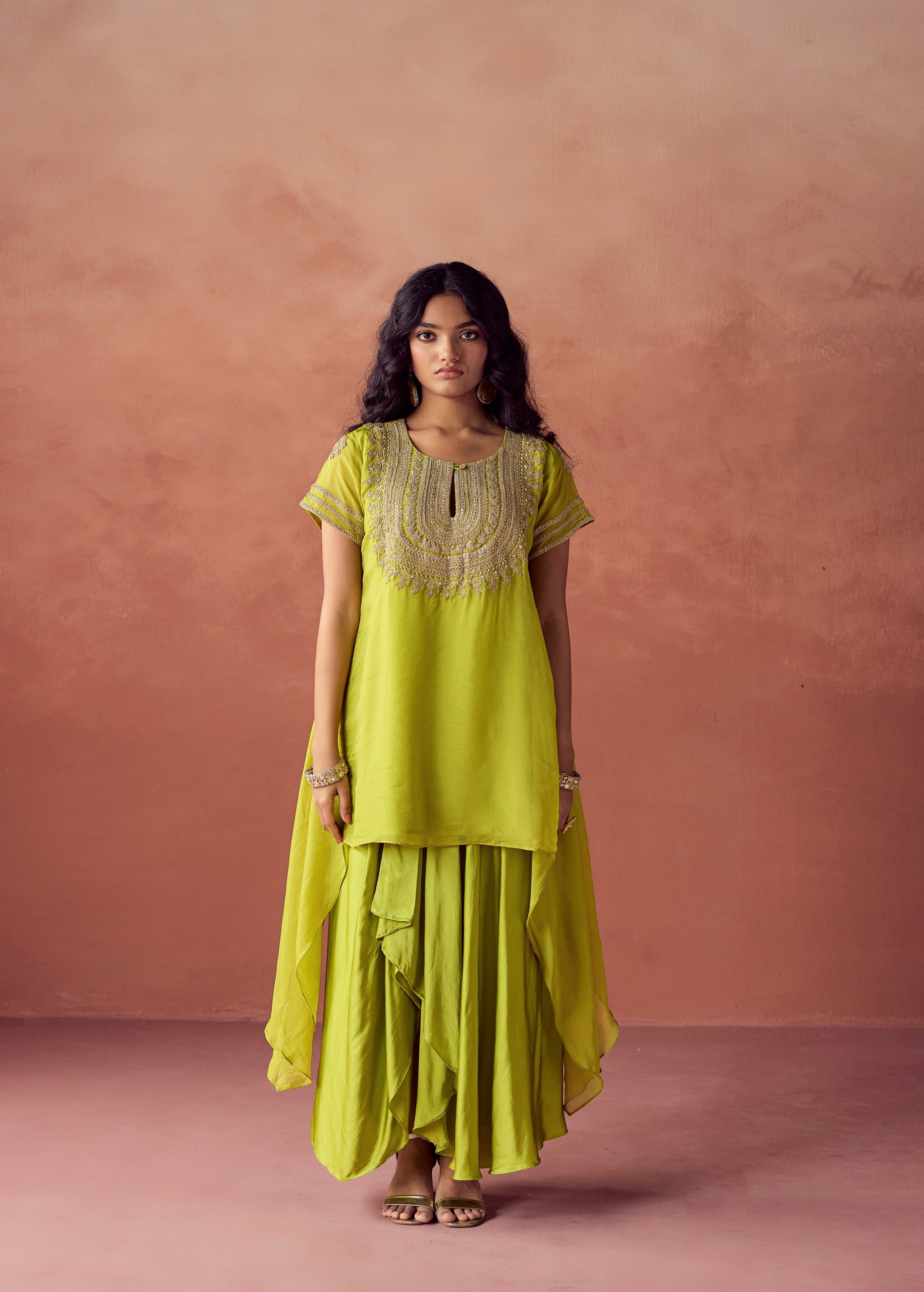 Lime Green Embroidered Organza Silk Skirt Set