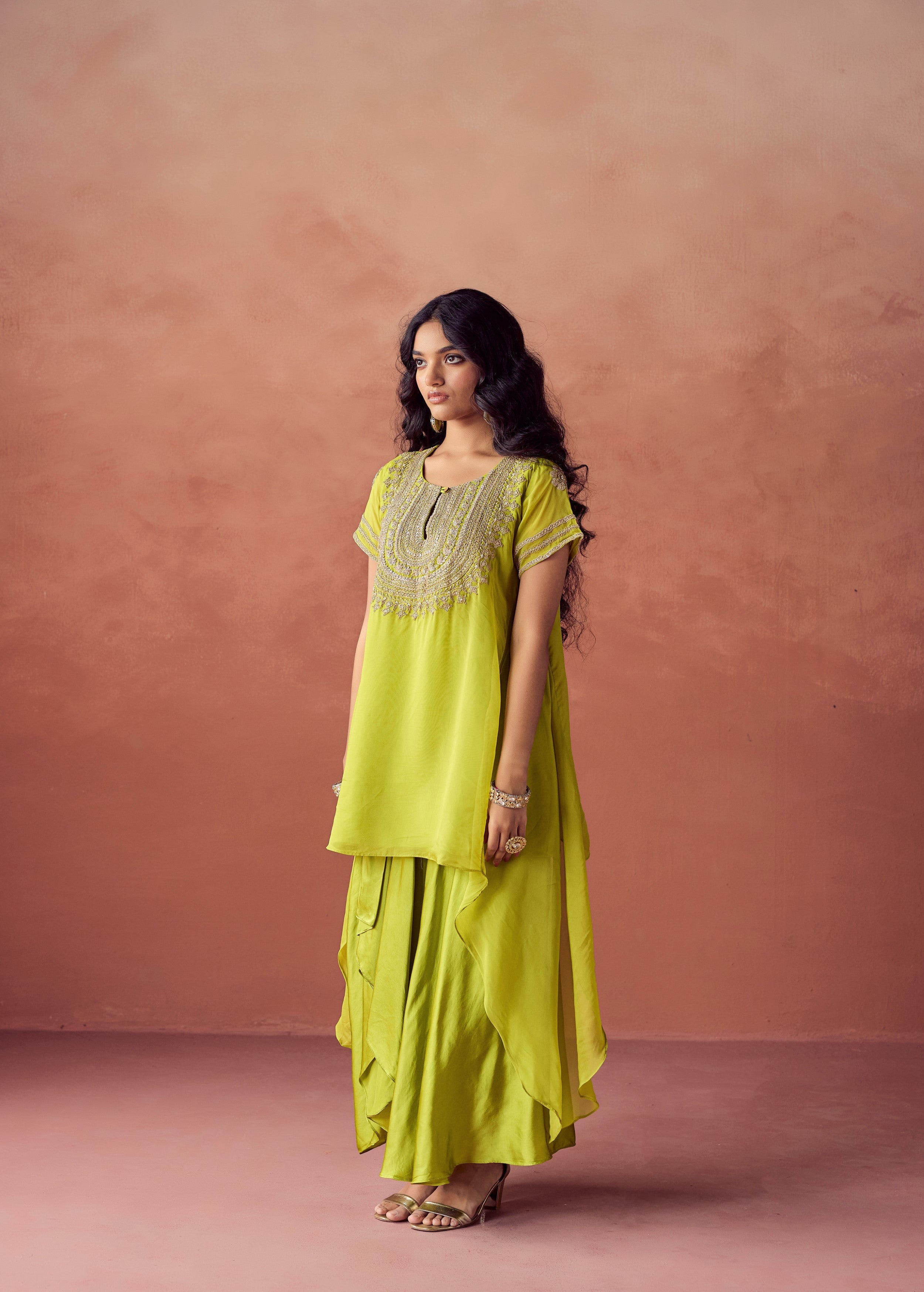 Lime Green Embroidered Organza Silk Skirt Set