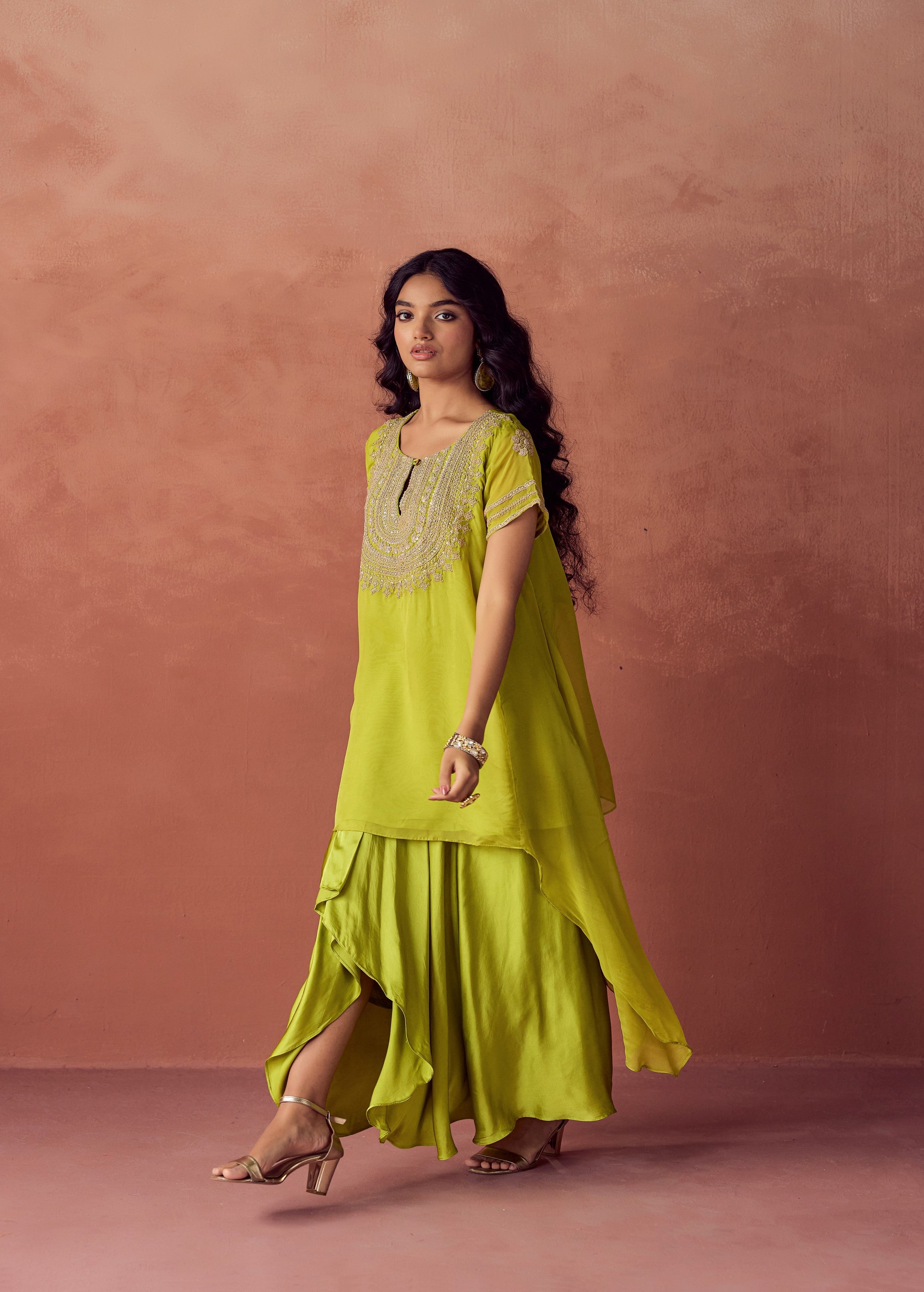 Lime Green Embroidered Organza Silk Skirt Set