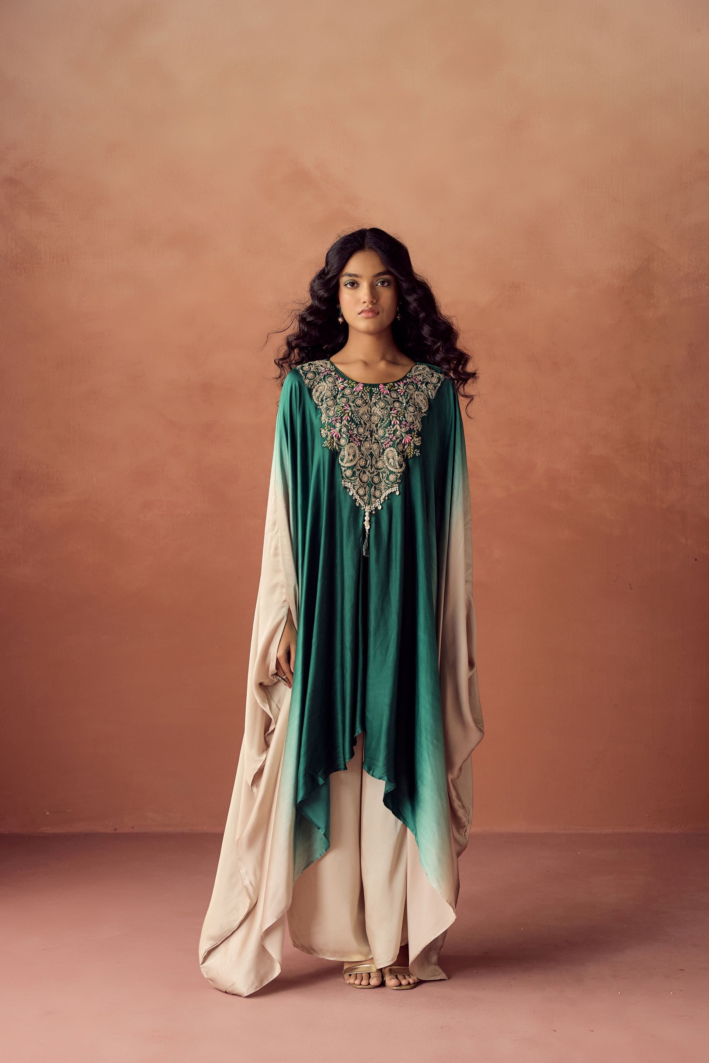 Dark Green Embellished Satin Silk Kaftan Set